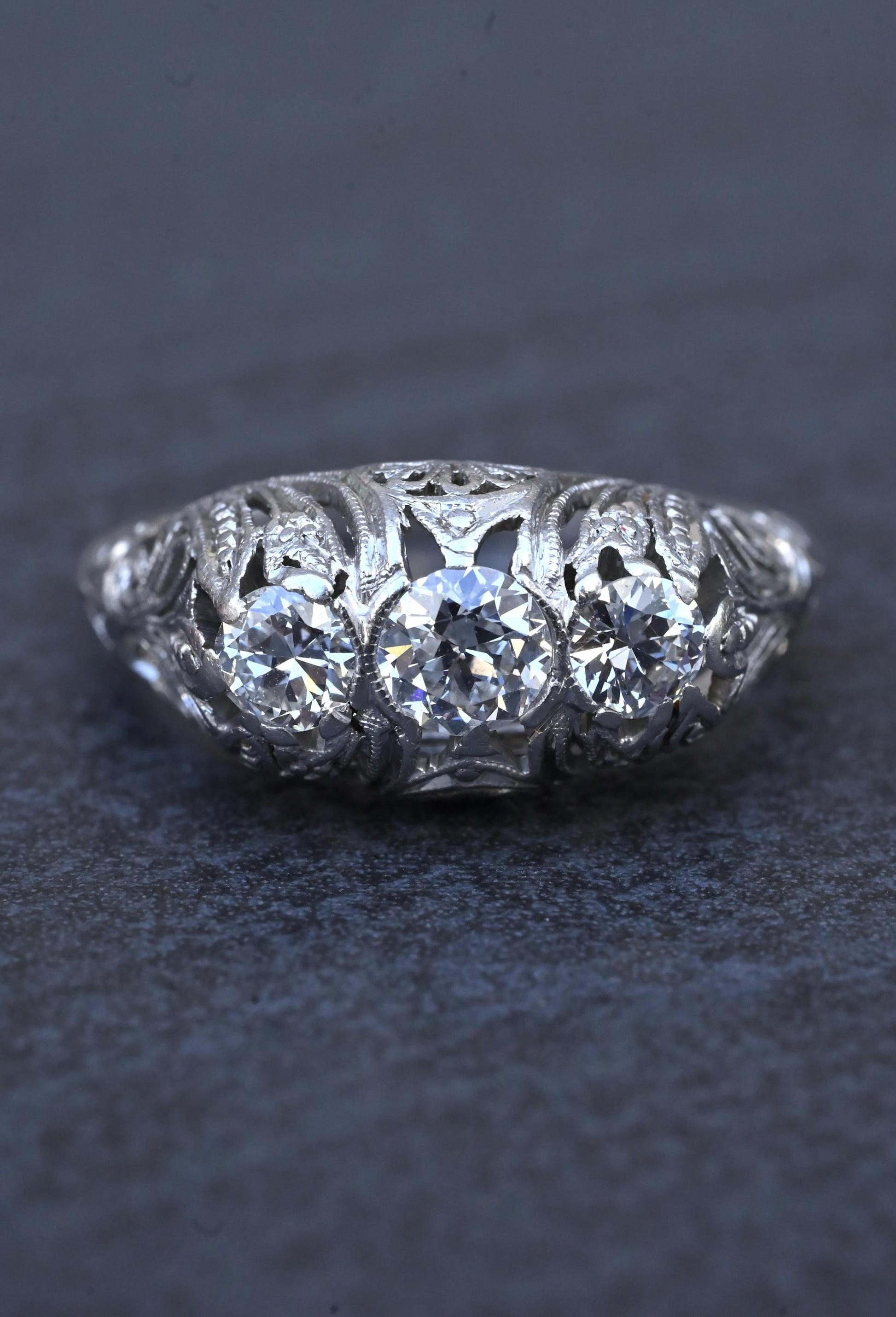 IGI Cert Art Deco Platinum 3 Three Stone Diamond Filigree Ring 0.60 CTW Size 5