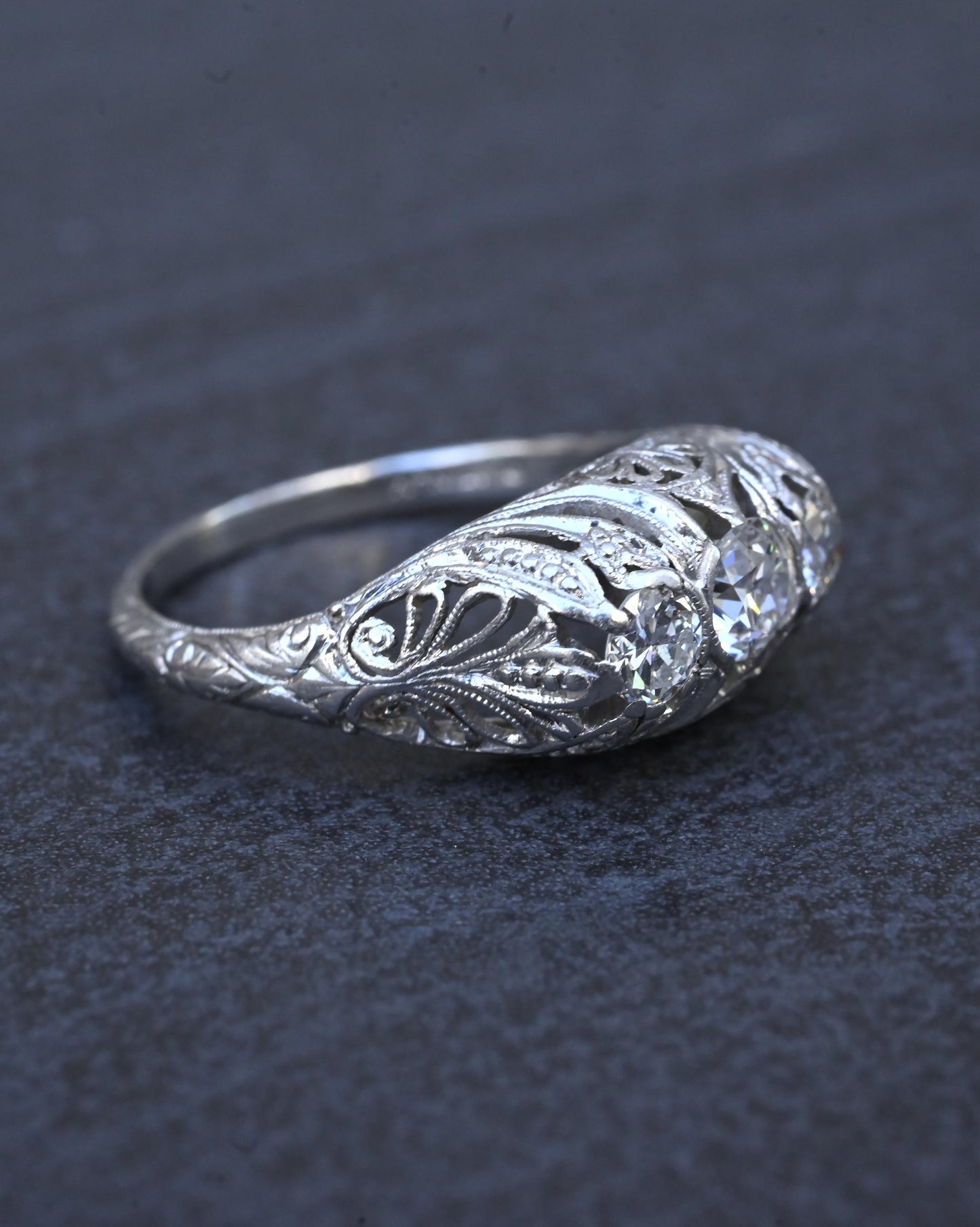 IGI Cert Art Deco Platinum 3 Three Stone Diamond Filigree Ring 0.60 CTW Size 5