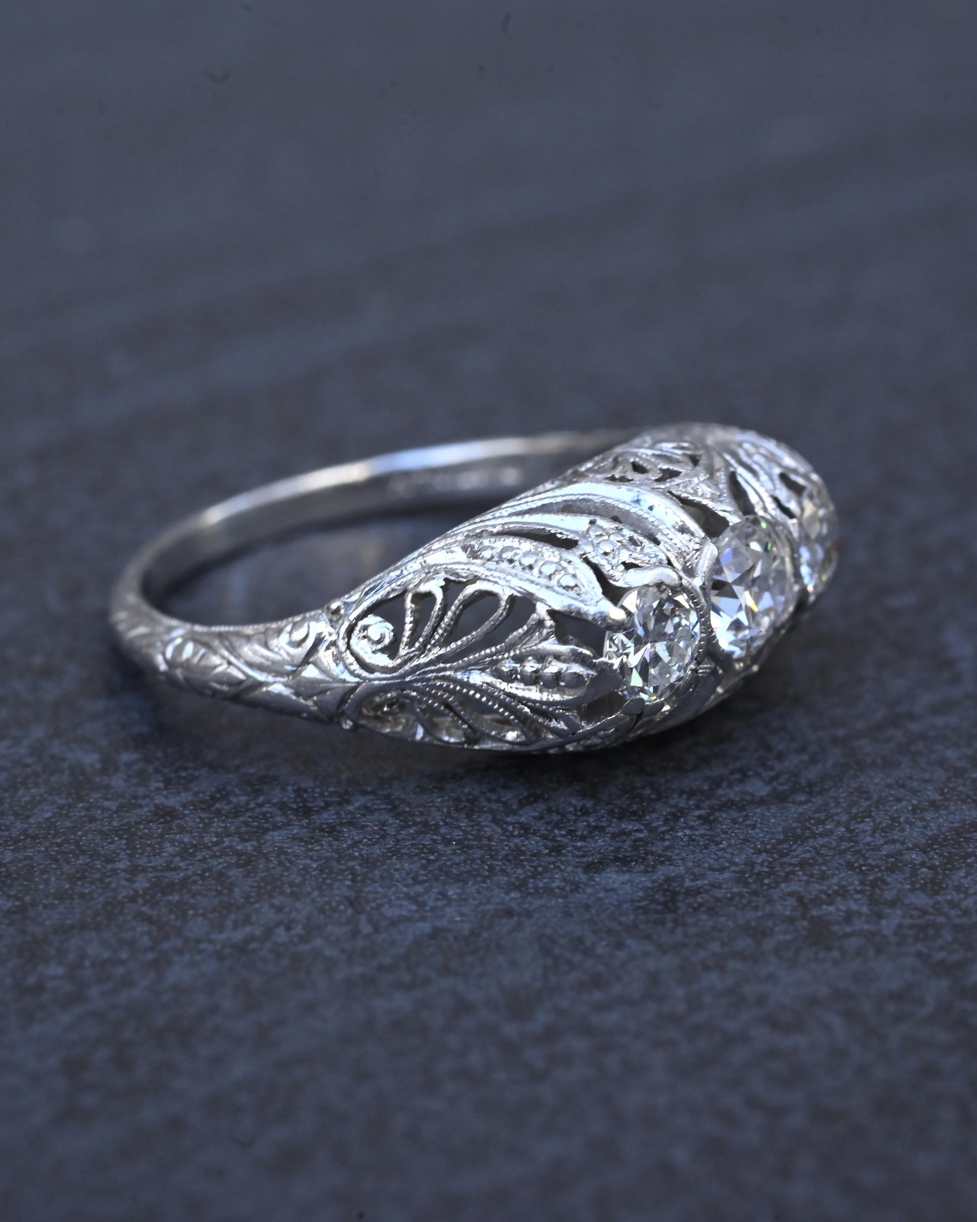IGI Cert Art Deco Platinum 3 Three Stone Diamond Filigree Ring 0.60 CTW Size 5