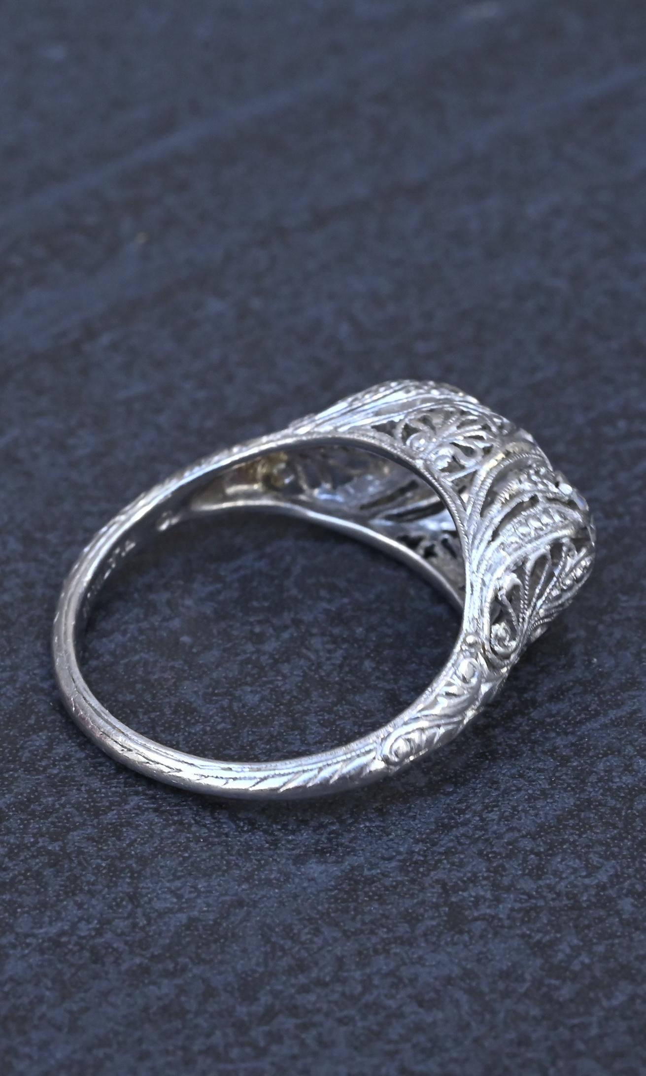 IGI Cert Art Deco Platinum 3 Three Stone Diamond Filigree Ring 0.60 CTW Size 5