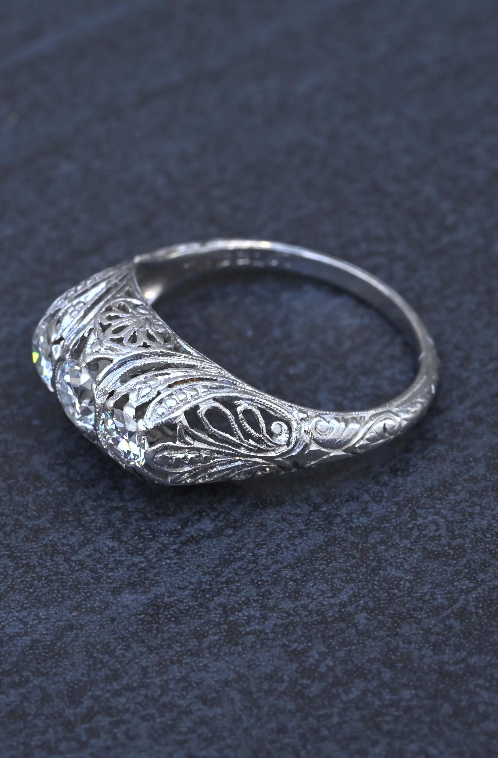 IGI Cert Art Deco Platinum 3 Three Stone Diamond Filigree Ring 0.60 CTW Size 5