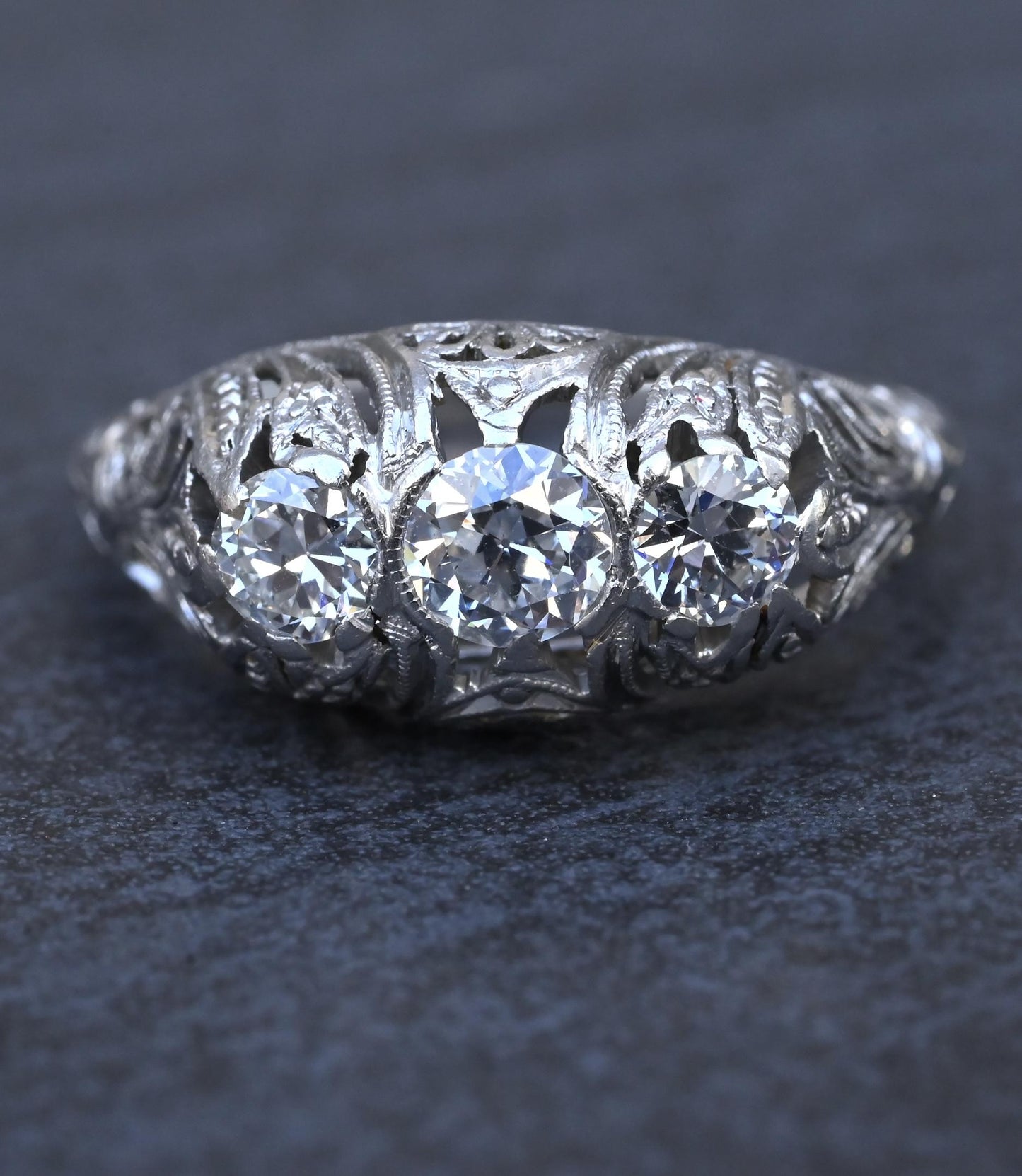 IGI Cert Art Deco Platinum 3 Three Stone Diamond Filigree Ring 0.60 CTW Size 5