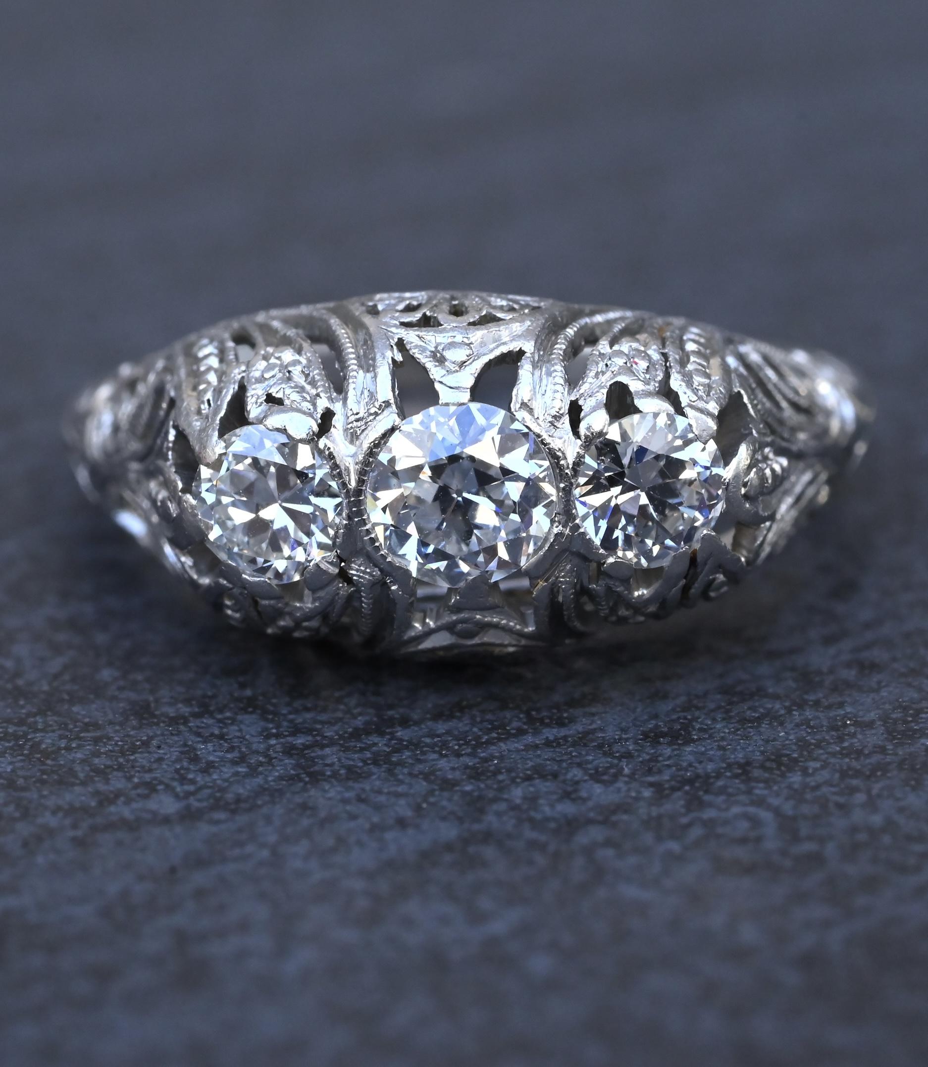 IGI Cert Art Deco Platinum 3 Three Stone Diamond Filigree Ring 0.60 CTW Size 5