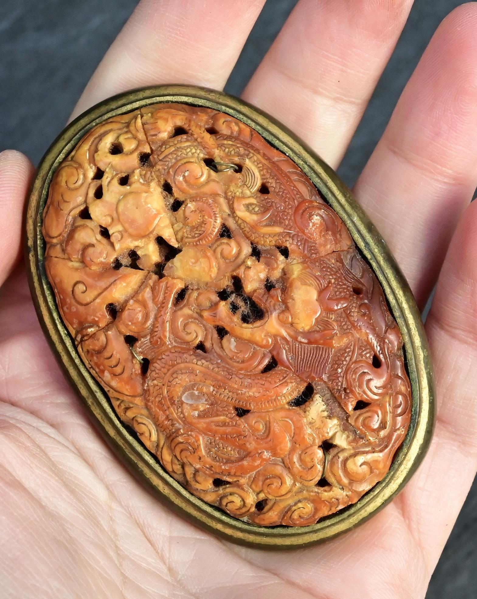 Lovely Antique Chinese Tibetan Amber Butterscotch Amber Pendant With Dragon