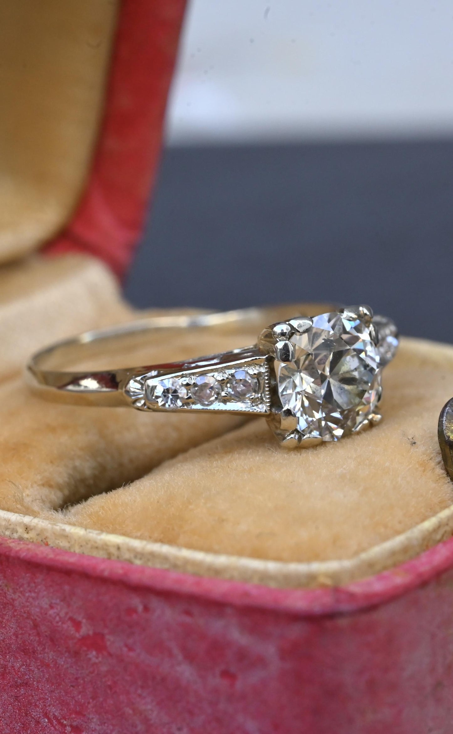 Art Deco 1.37 CTW Old Euro Diamond Engagement Ring 14K White Gold With IGI Cert.