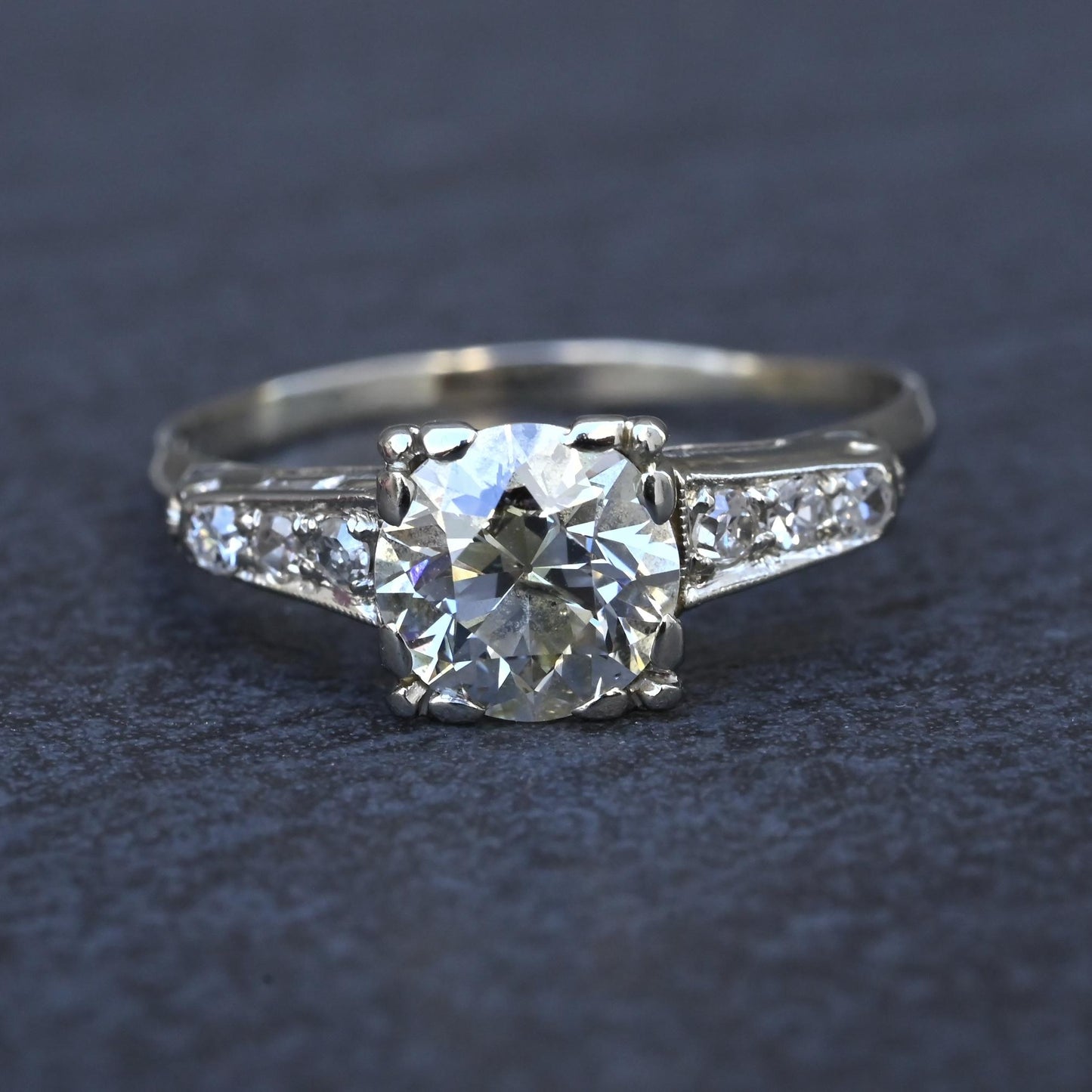 Art Deco 1.37 CTW Old Euro Diamond Engagement Ring 14K White Gold With IGI Cert.