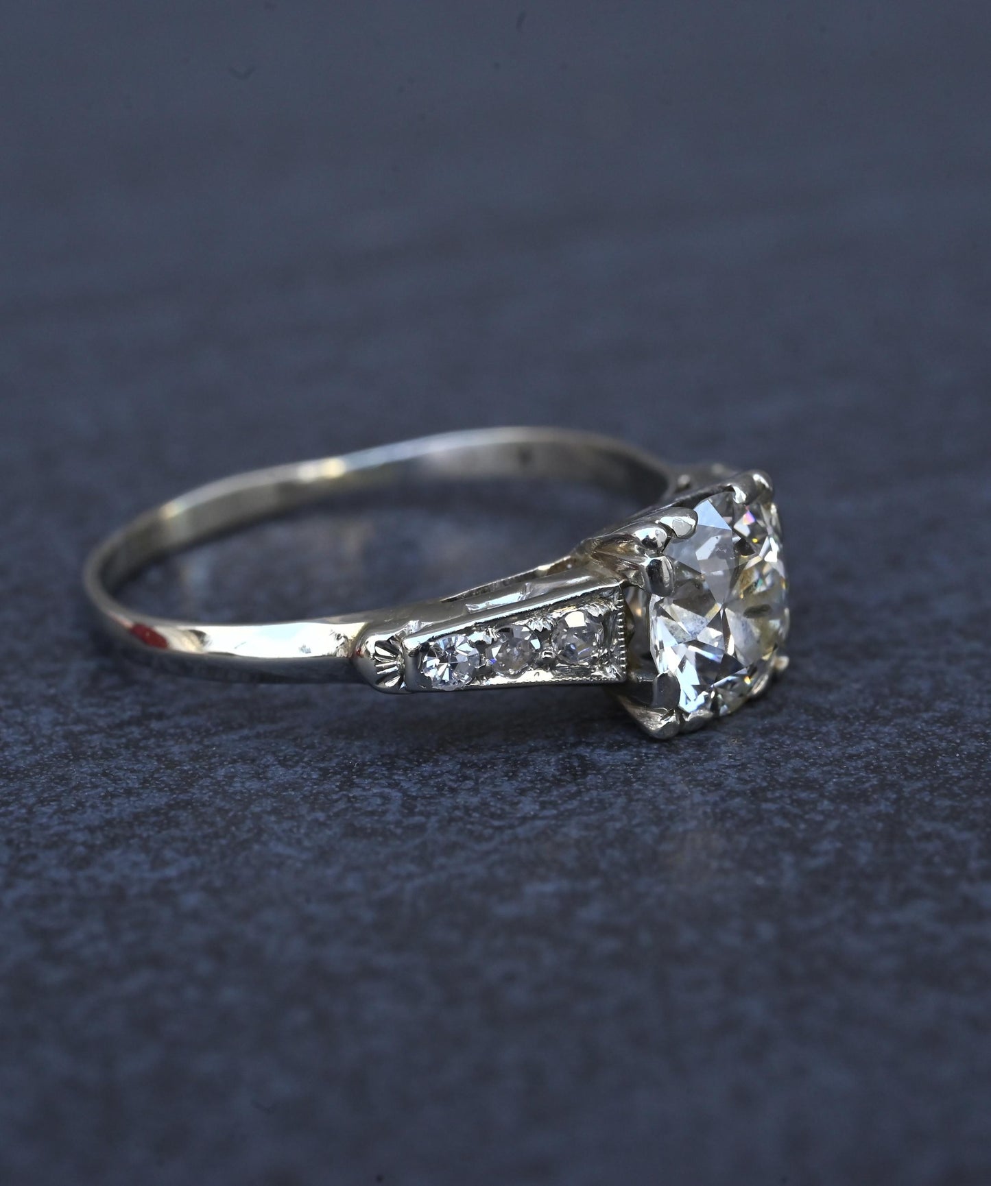Art Deco 1.37 CTW Old Euro Diamond Engagement Ring 14K White Gold With IGI Cert.
