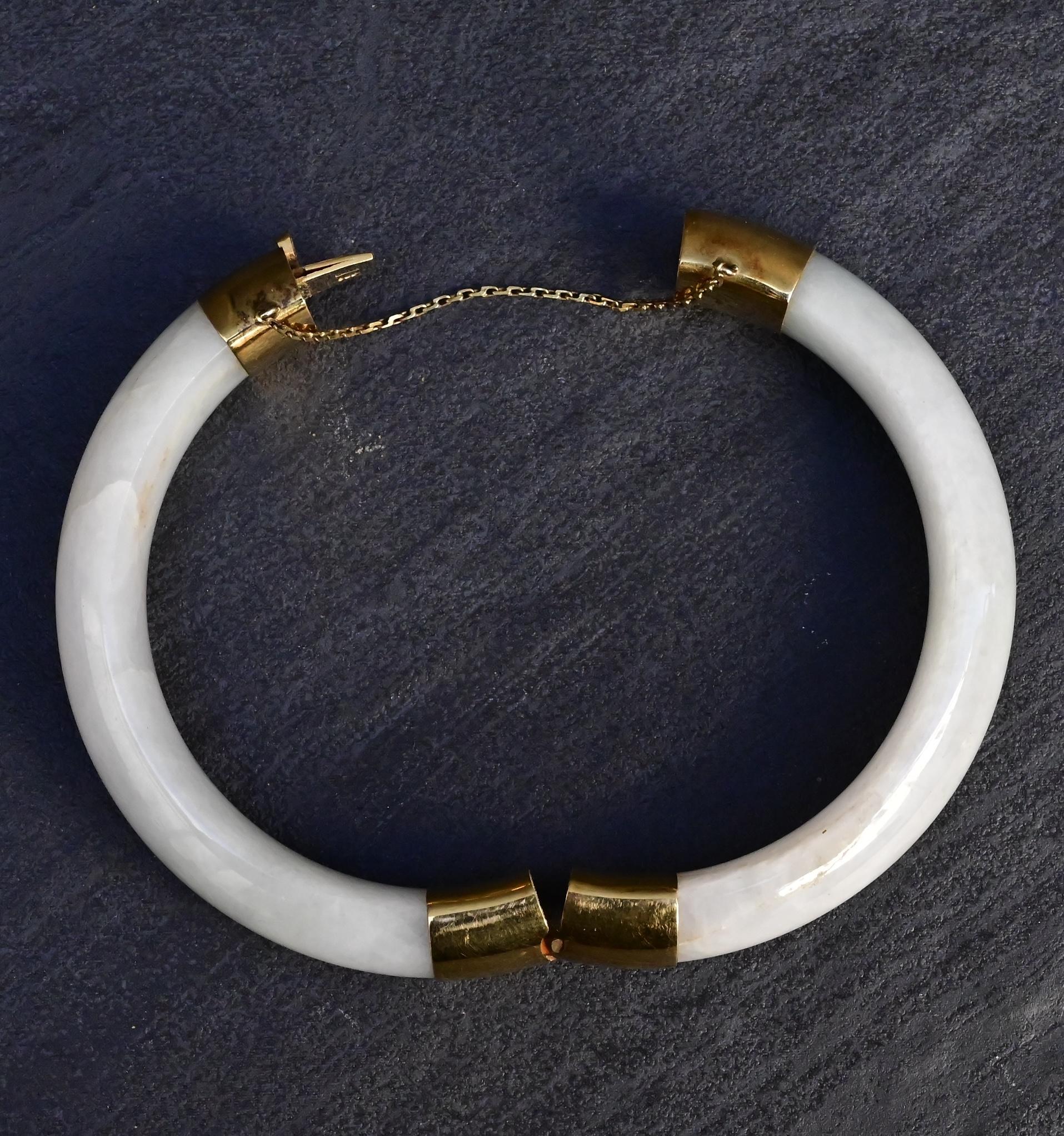 Antique Jade and 14K Gold Hinged Bangle Bracelet