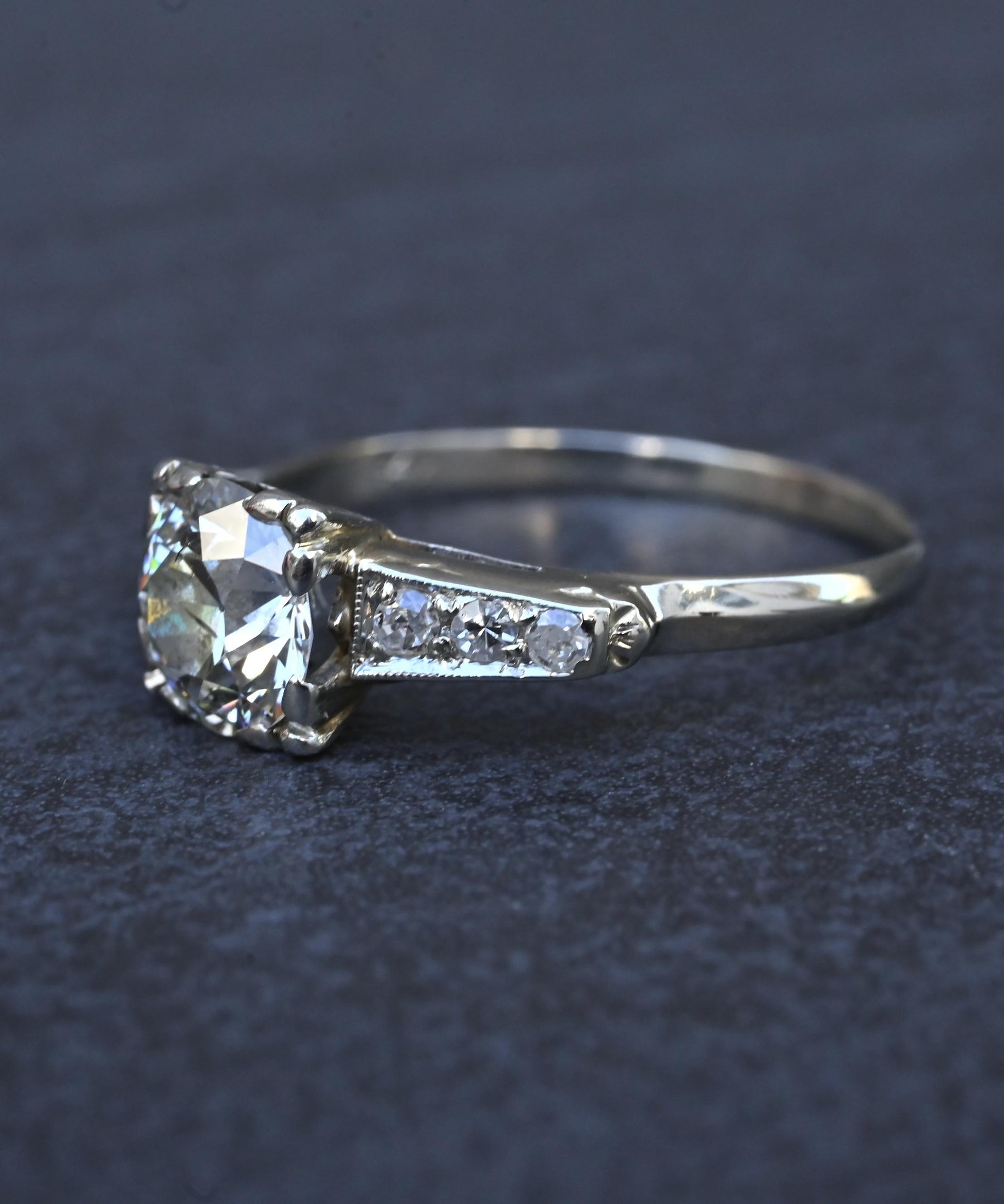 Art Deco 1.37 CTW Old Euro Diamond Engagement Ring 14K White Gold With IGI Cert.