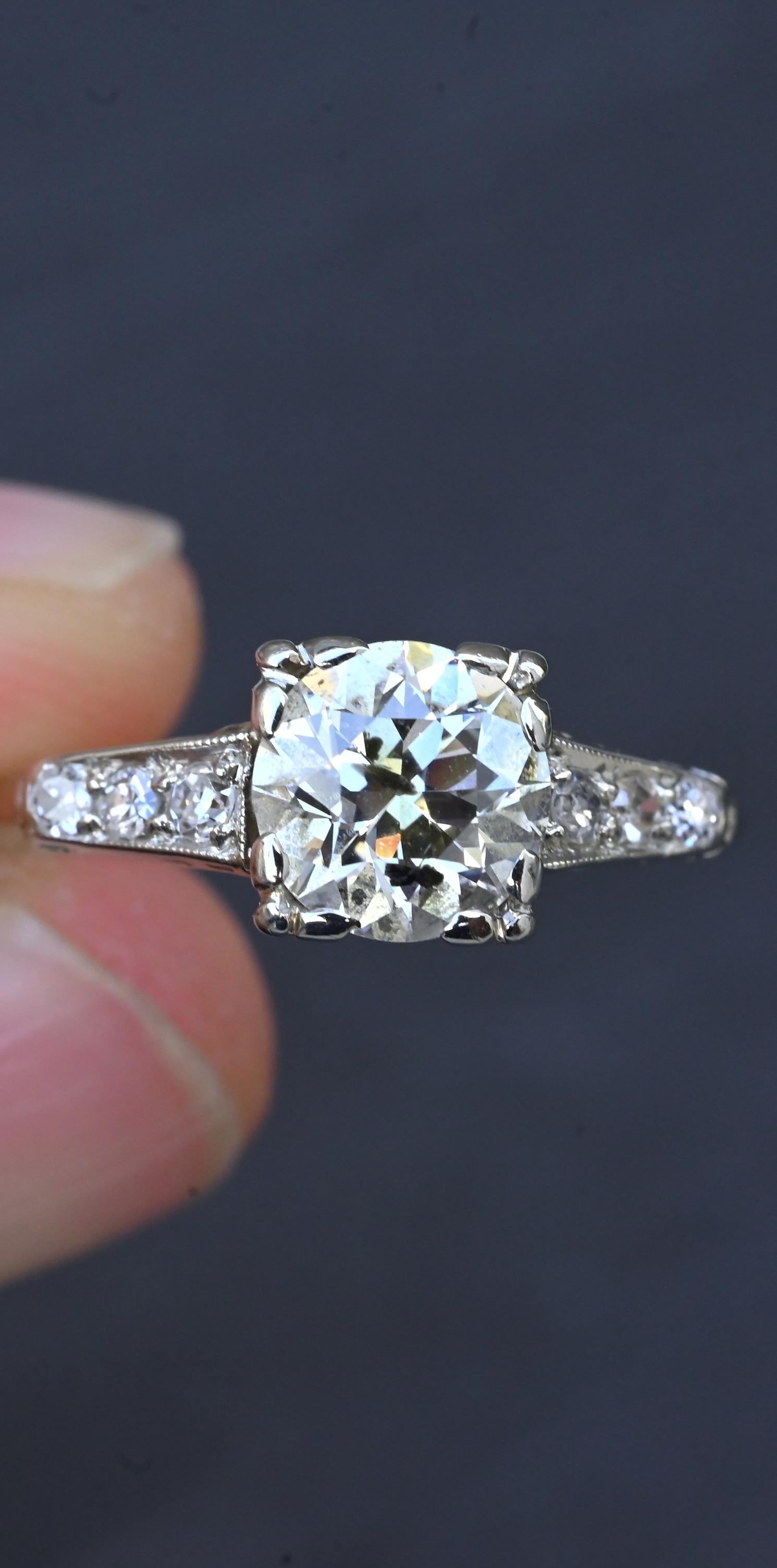 Art Deco 1.37 CTW Old Euro Diamond Engagement Ring 14K White Gold With IGI Cert.