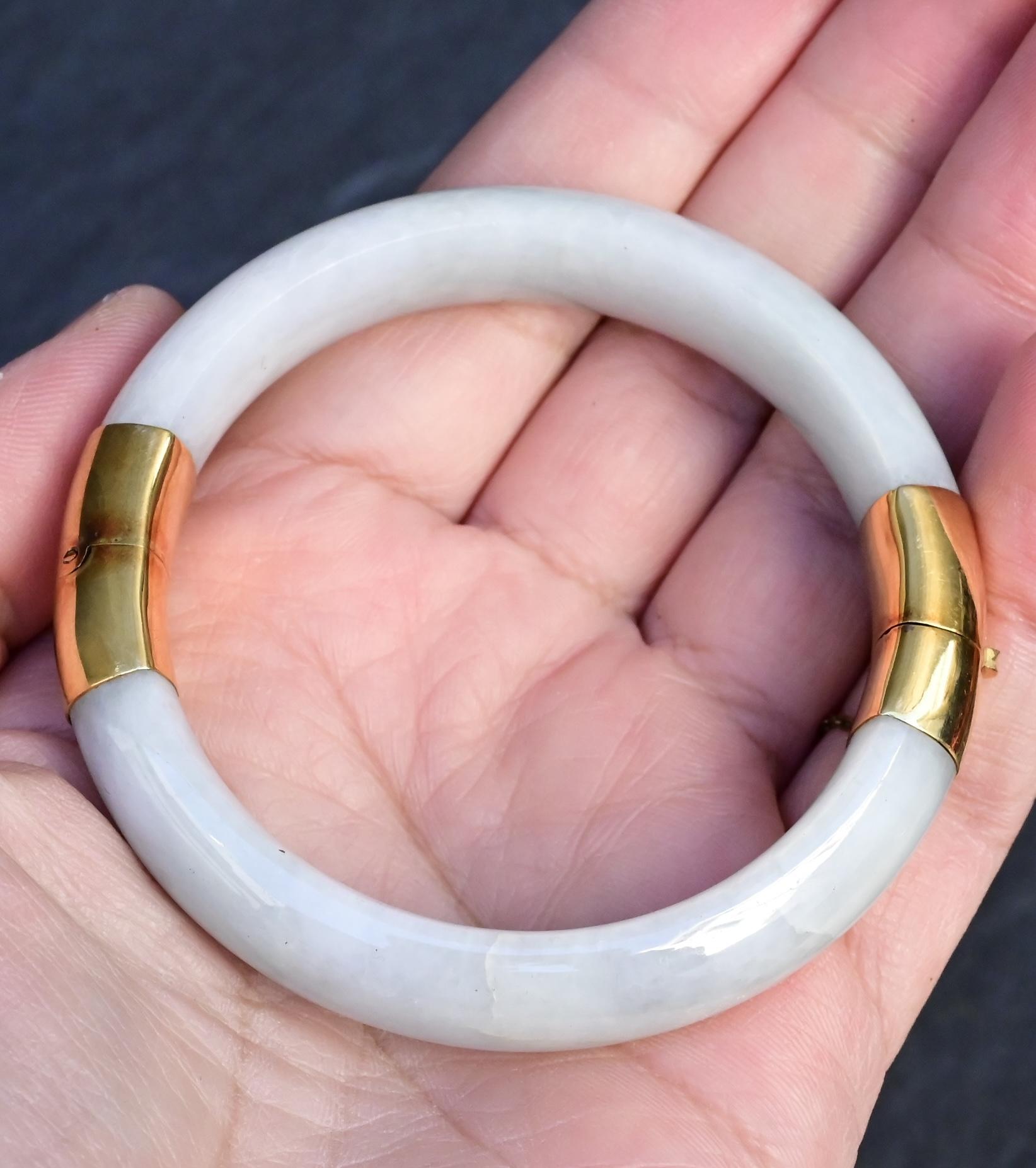 Antique Jade and 14K Gold Hinged Bangle Bracelet
