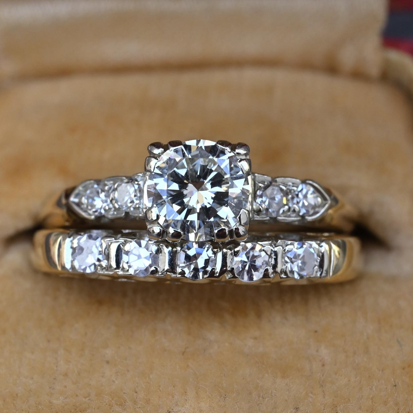 Vintage 0.90 CTW Diamond Two-Ring Set in 14K Yellow & White Gold – IGI Certified