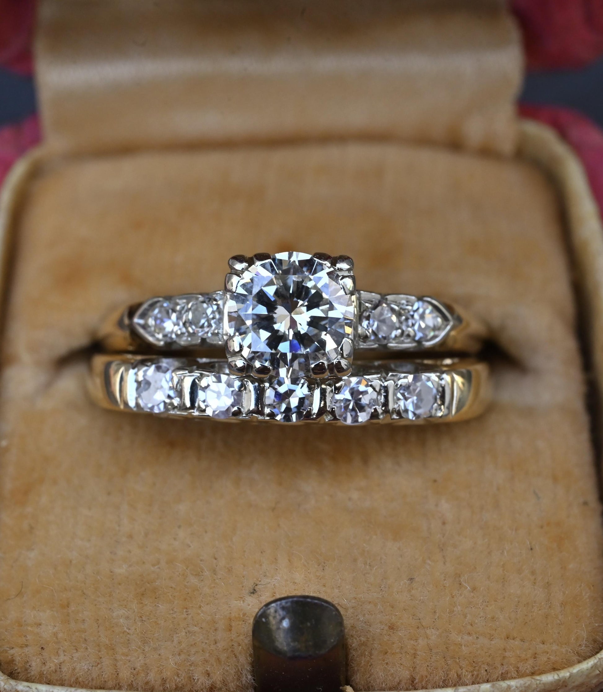 Vintage 0.90 CTW Diamond Two-Ring Set in 14K Yellow & White Gold – IGI Certified