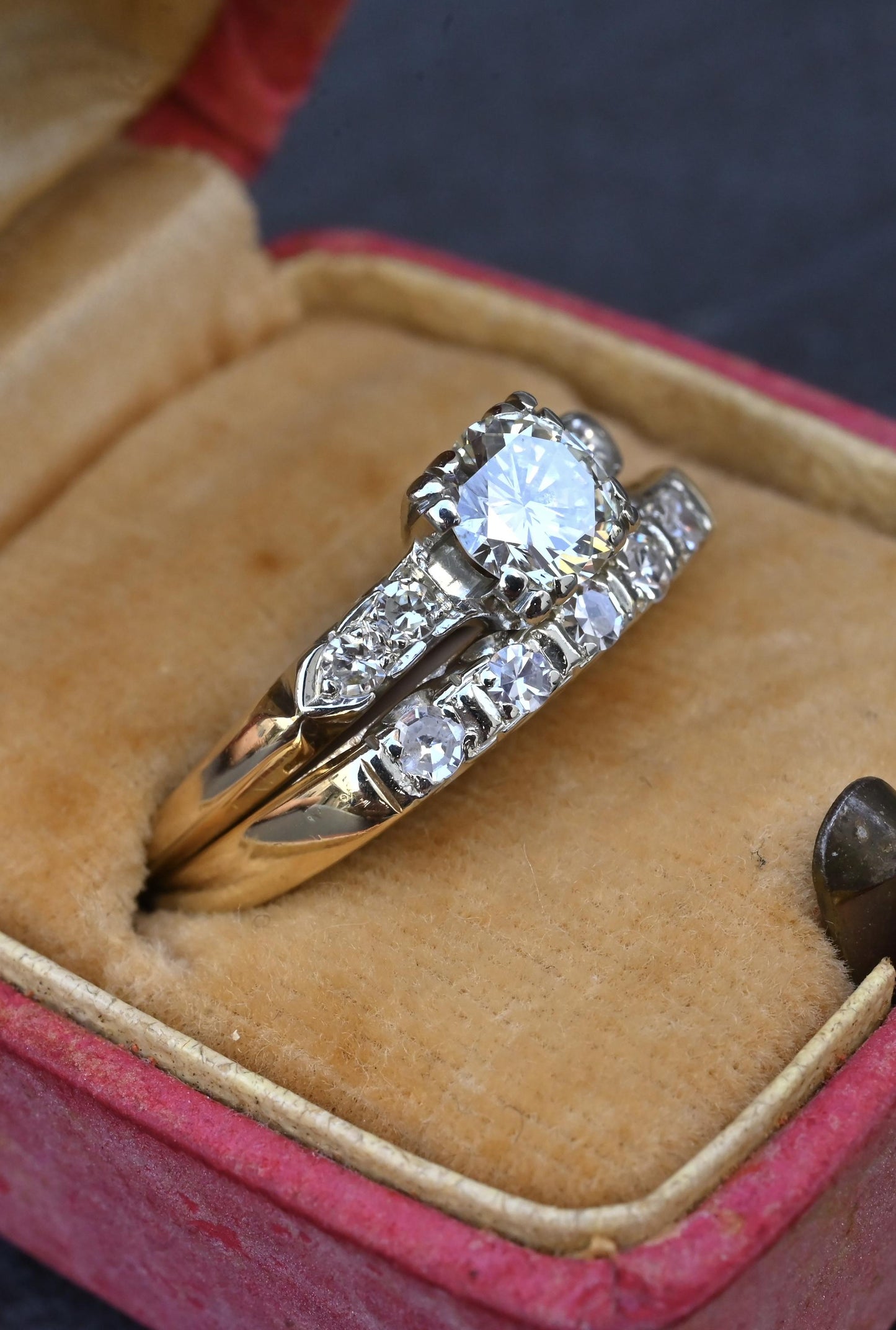 Vintage 0.90 CTW Diamond Two-Ring Set in 14K Yellow & White Gold – IGI Certified