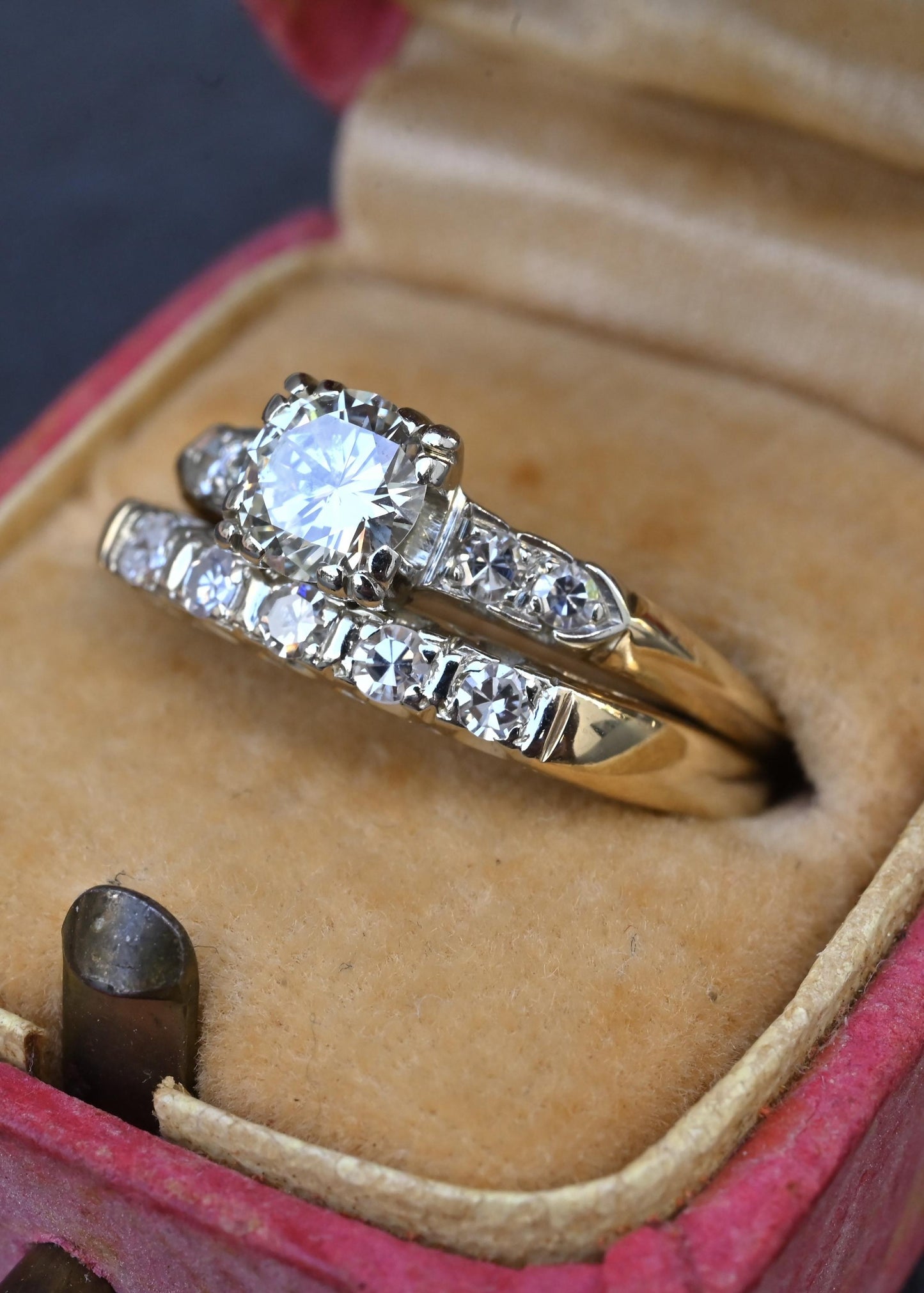 Vintage 0.90 CTW Diamond Two-Ring Set in 14K Yellow & White Gold – IGI Certified