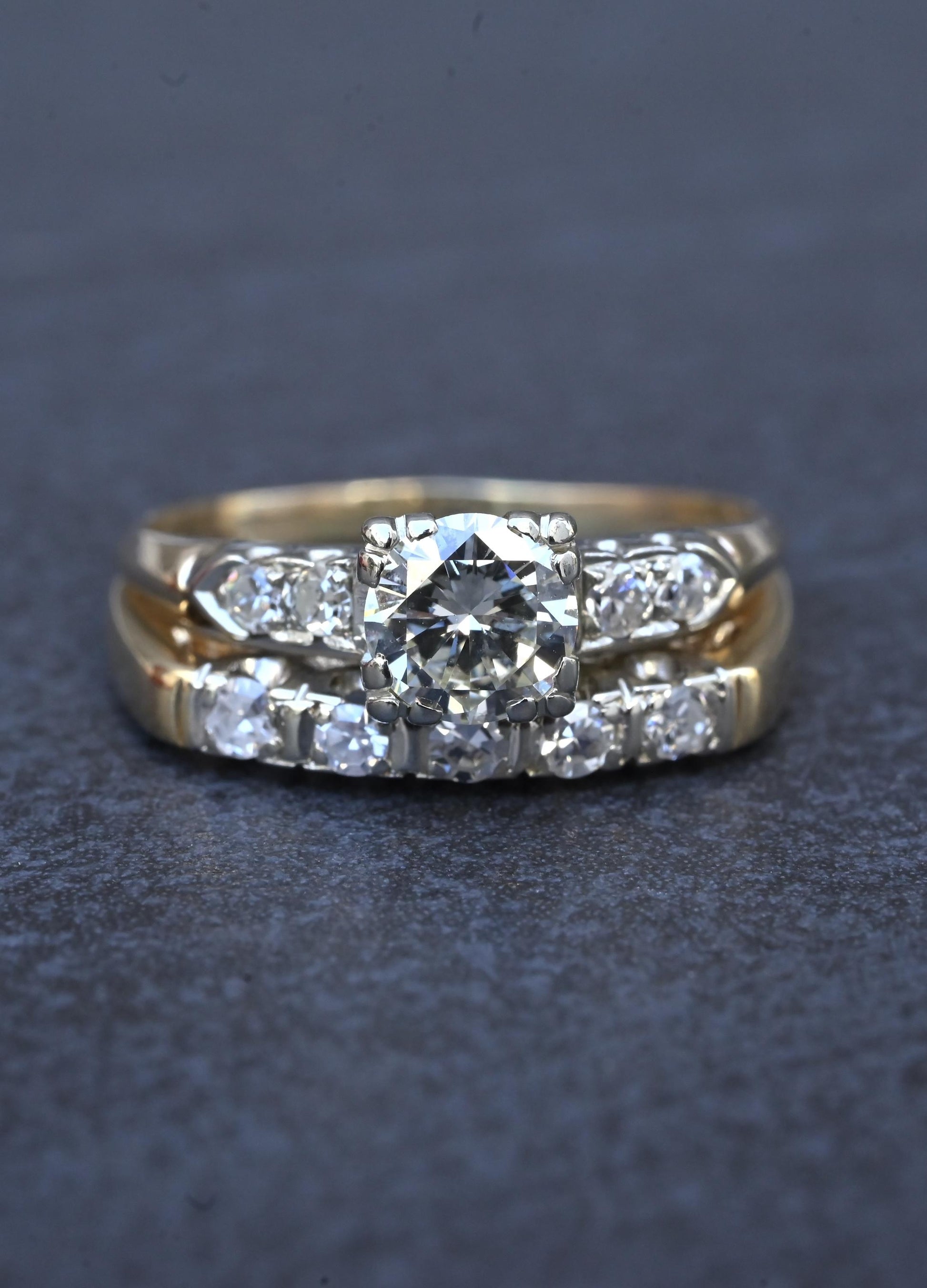 Vintage 0.90 CTW Diamond Two-Ring Set in 14K Yellow & White Gold – IGI Certified