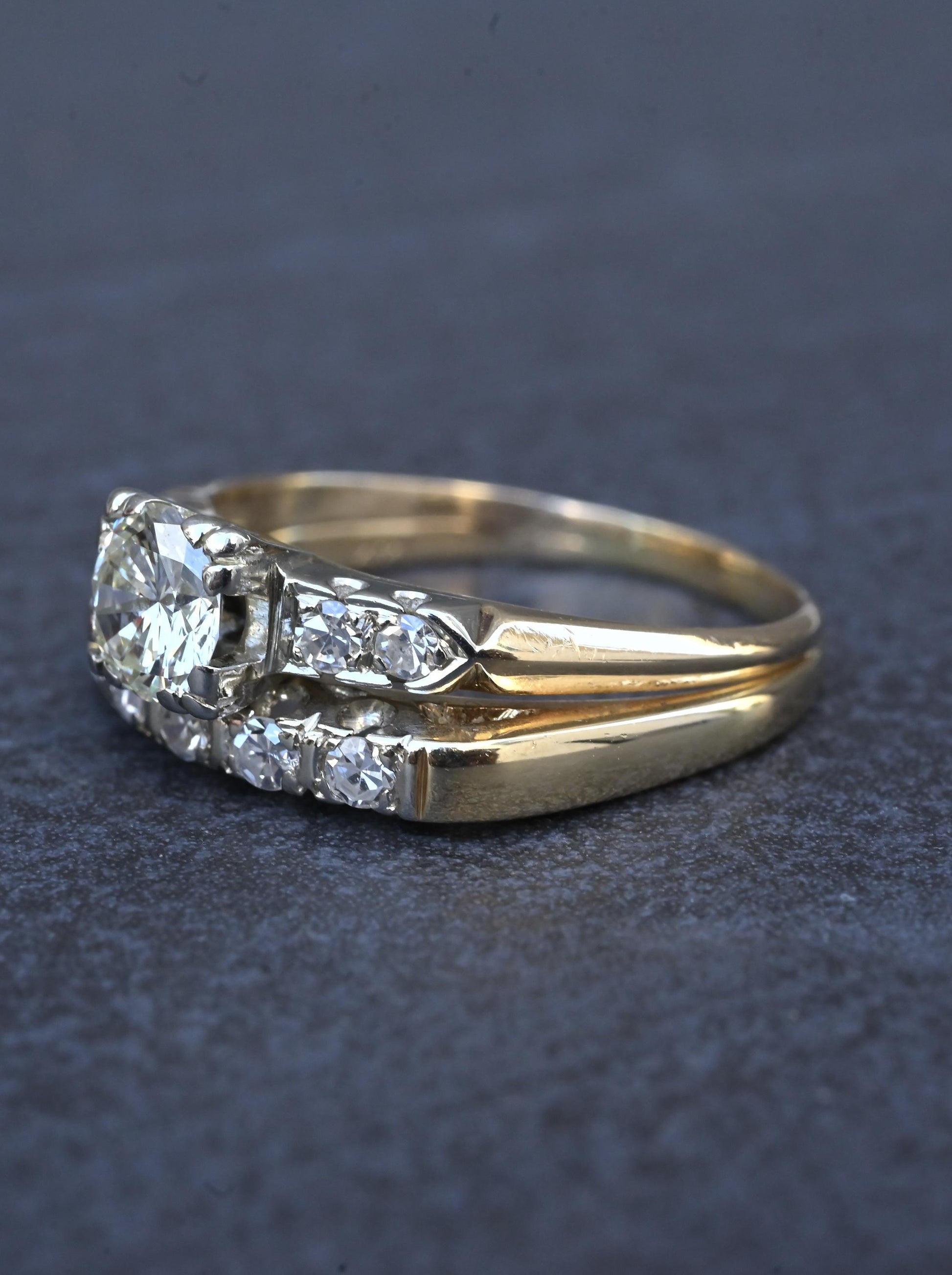 Vintage 0.90 CTW Diamond Two-Ring Set in 14K Yellow & White Gold – IGI Certified
