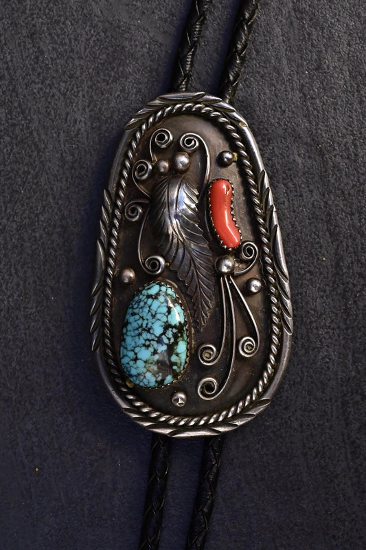 Vintage Navajo Sterling Silver Bolo Tie with Turquoise & Coral
