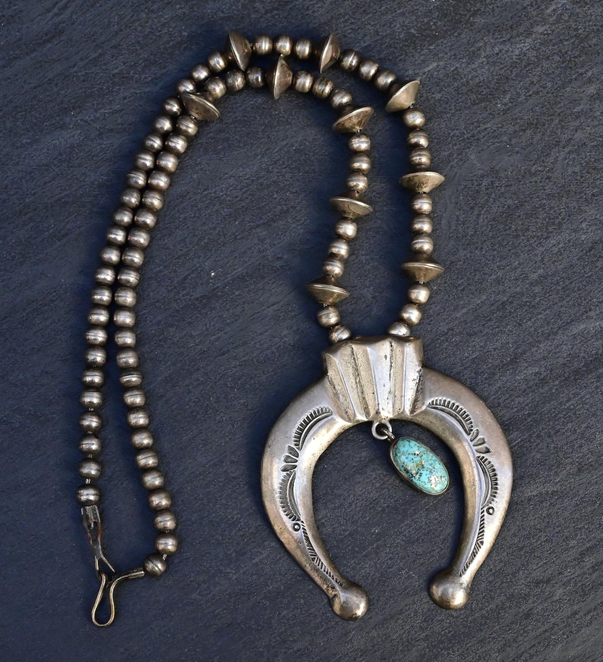 Vintage Navajo Sterling Silver Naja Necklace with Turquoise – 80.28g