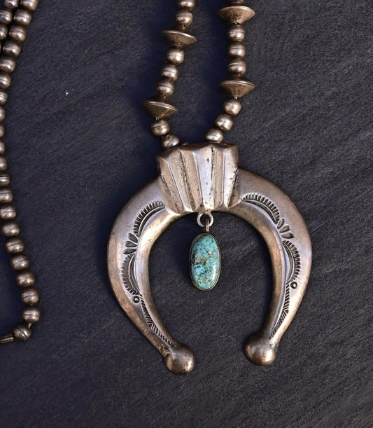 Vintage Navajo Sterling Silver Naja Necklace with Turquoise – 80.28g