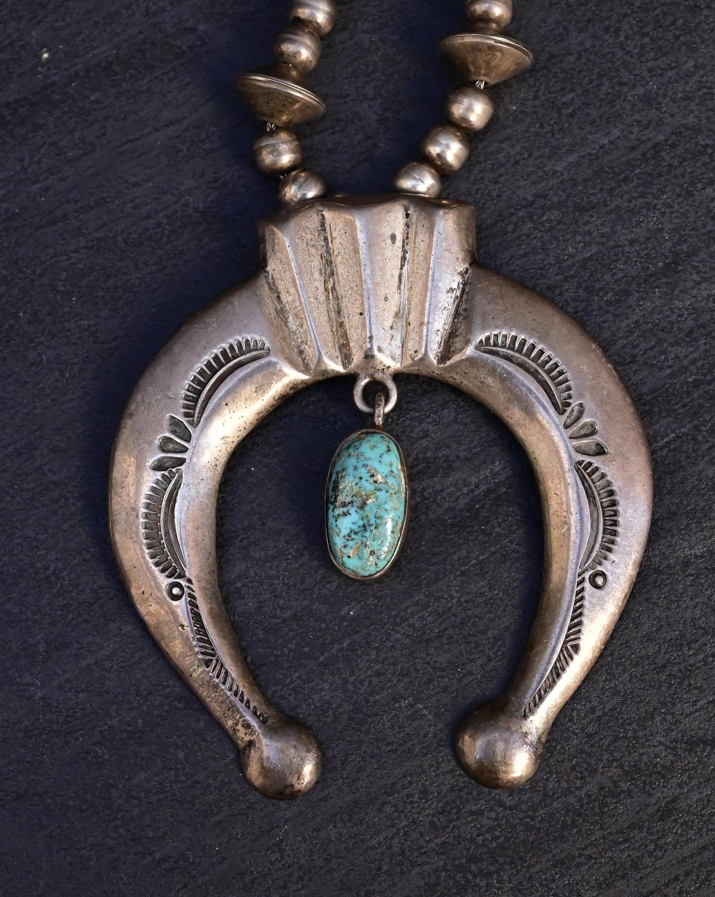 Vintage Navajo Sterling Silver Naja Necklace with Turquoise – 80.28g