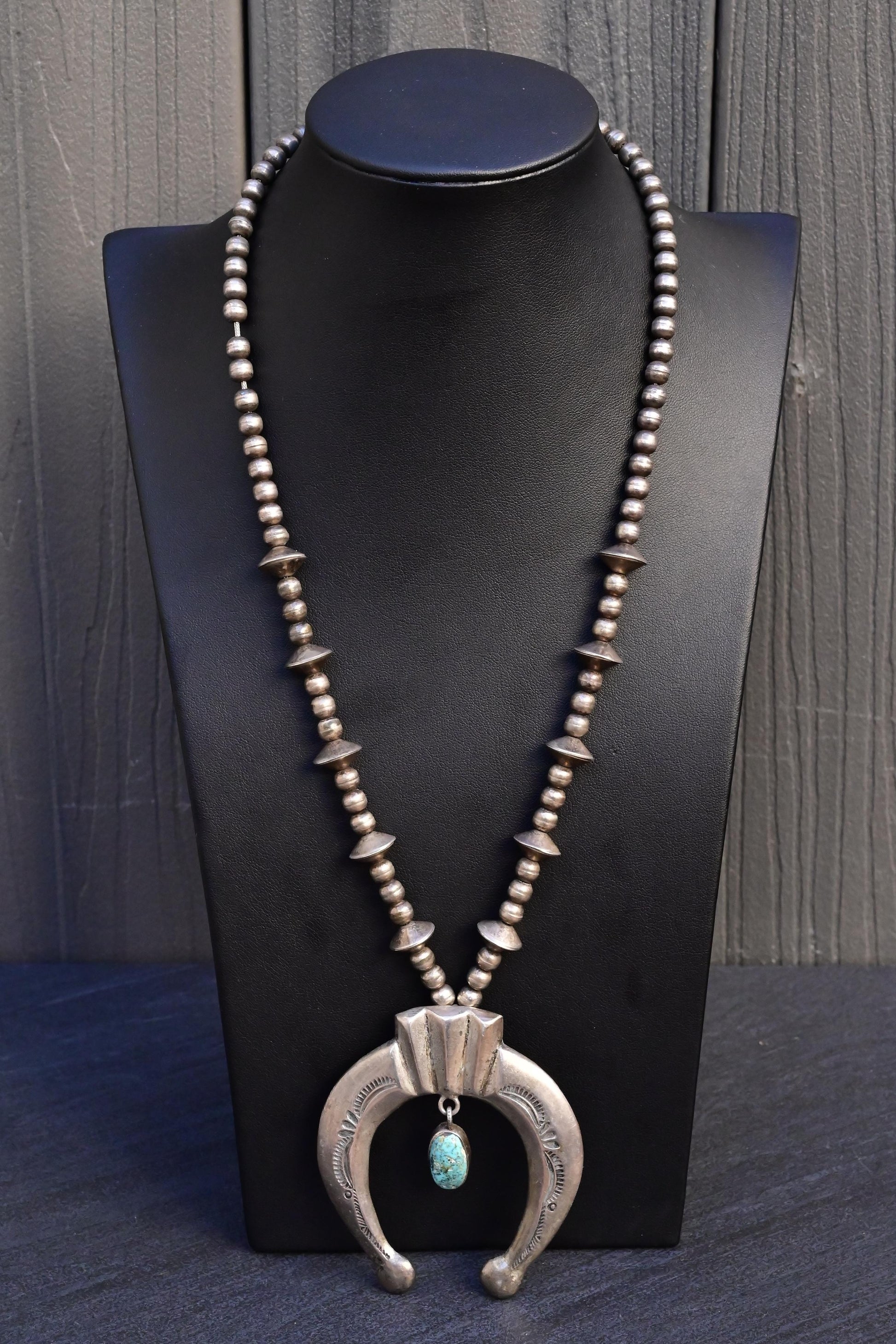 Vintage Navajo Sterling Silver Naja Necklace with Turquoise – 80.28g