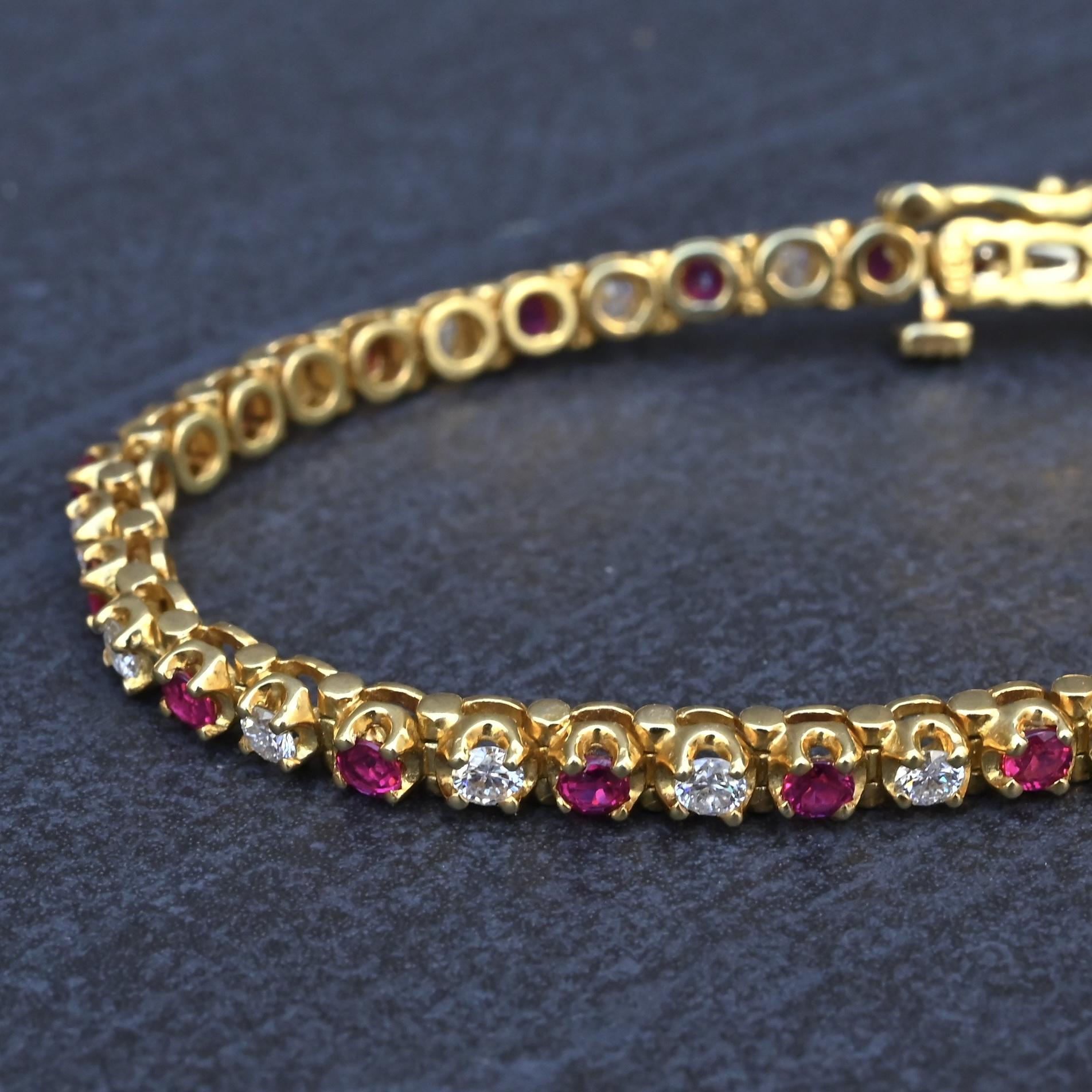 3.05 TCW Ruby & Diamond Tennis Bracelet in 18K Yellow Gold – 7" – IGI Certified