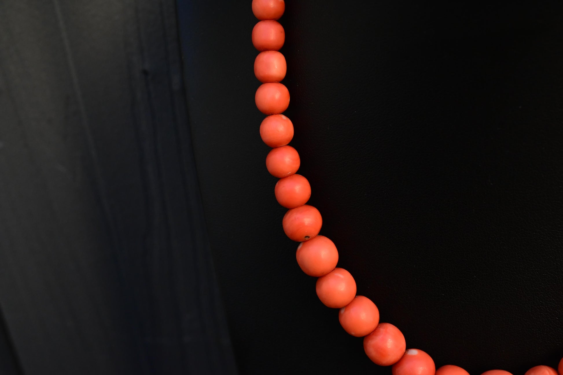 Japanese Momo Coral Bead Necklace with 14K Gold Clasp – 17.5”, 51.15g