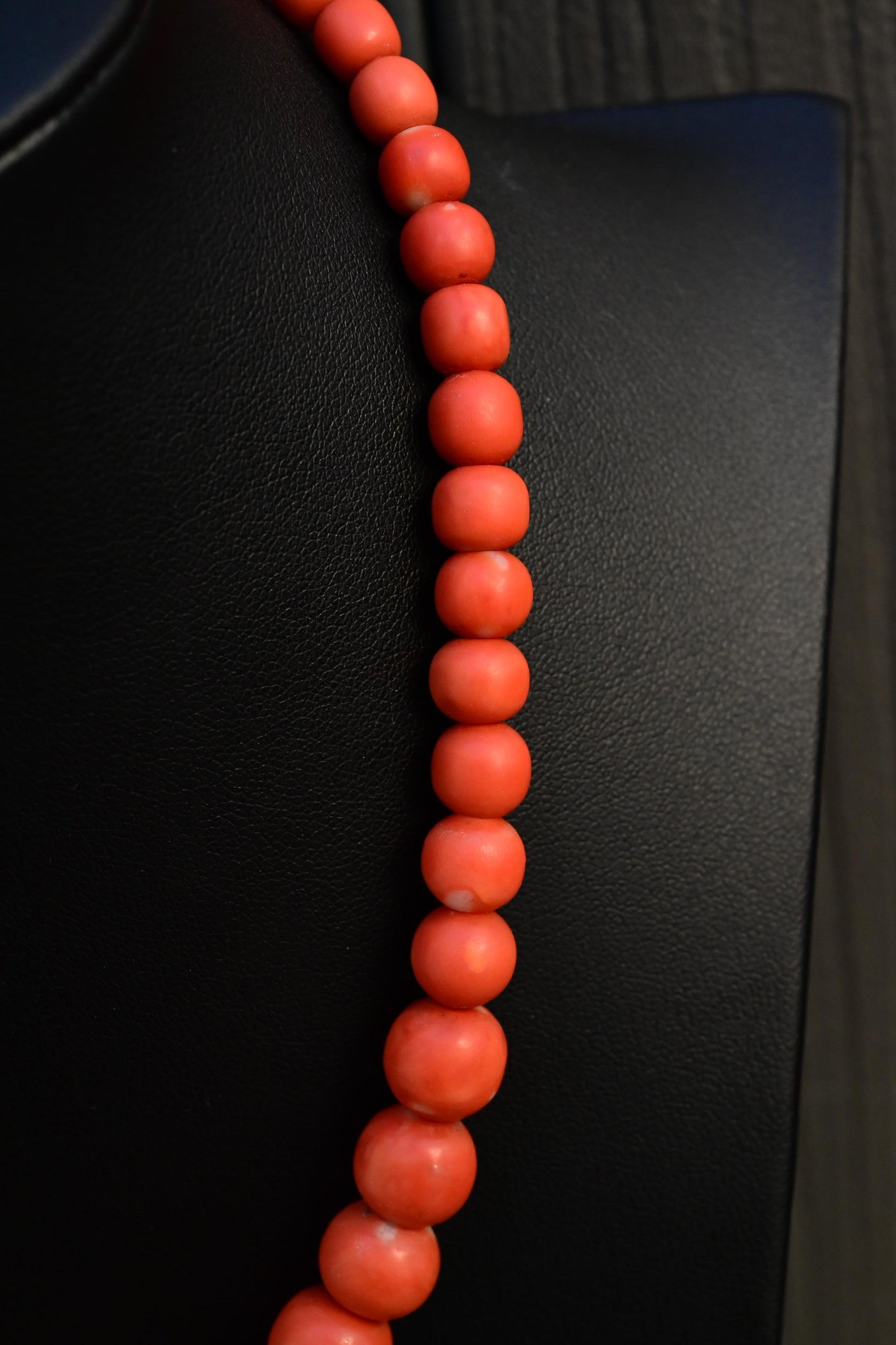 Japanese Momo Coral Bead Necklace with 14K Gold Clasp – 17.5”, 51.15g