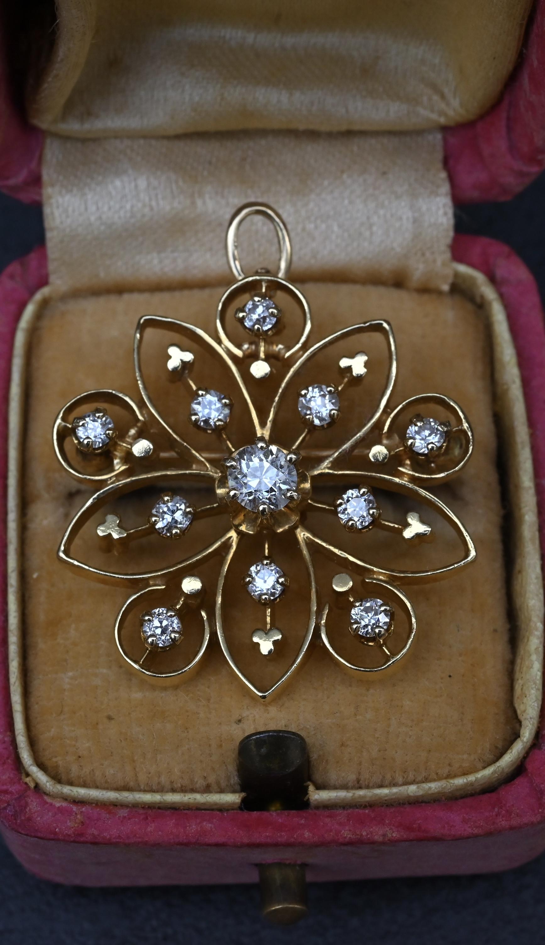 Art Deco 0.70 CTW Diamond Pendant / Brooch Pin in 14K Yellow Gold – IGI Cert.