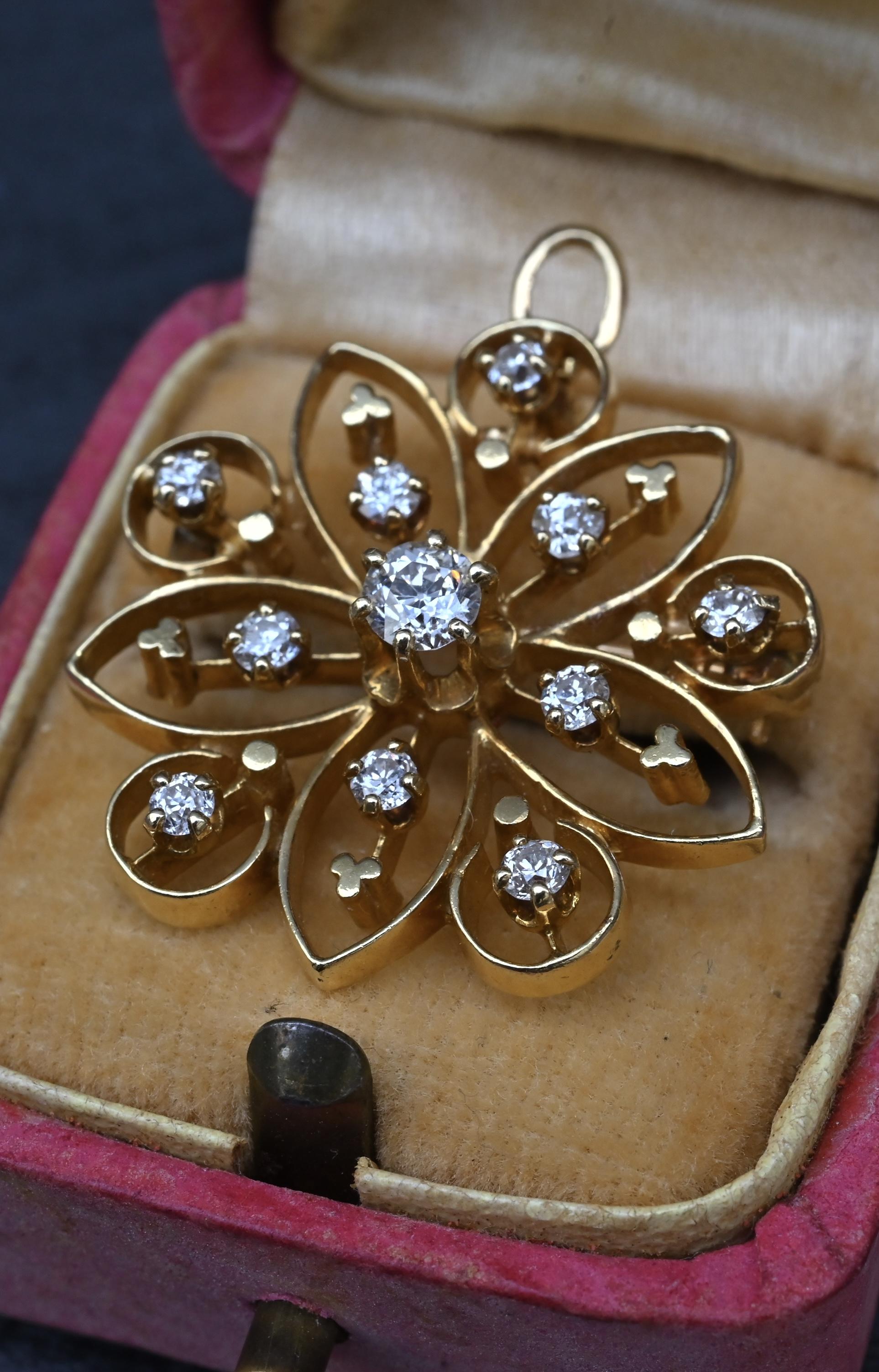 Art Deco 0.70 CTW Diamond Pendant / Brooch Pin in 14K Yellow Gold – IGI Cert.