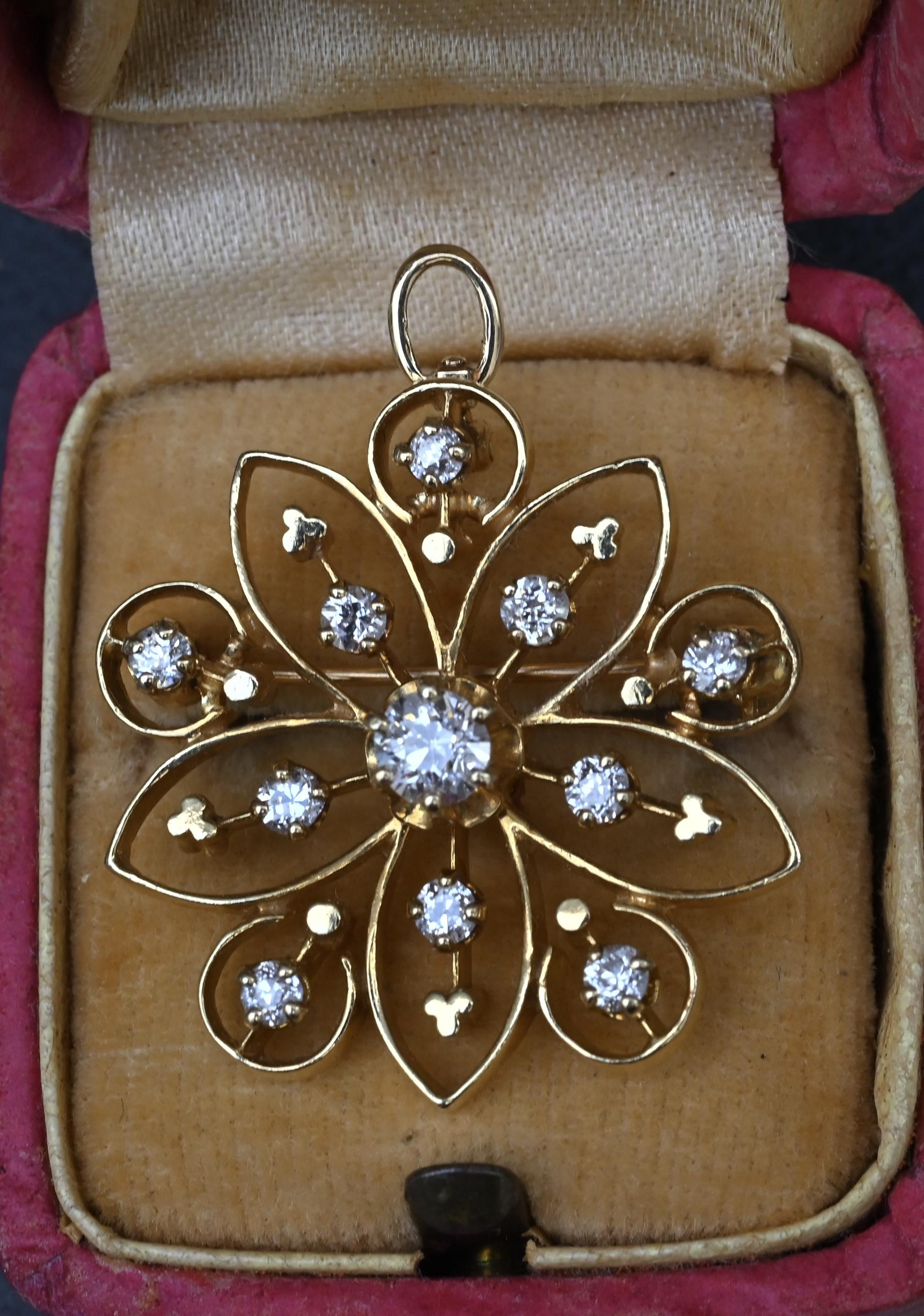 Art Deco 0.70 CTW Diamond Pendant / Brooch Pin in 14K Yellow Gold – IGI Cert.