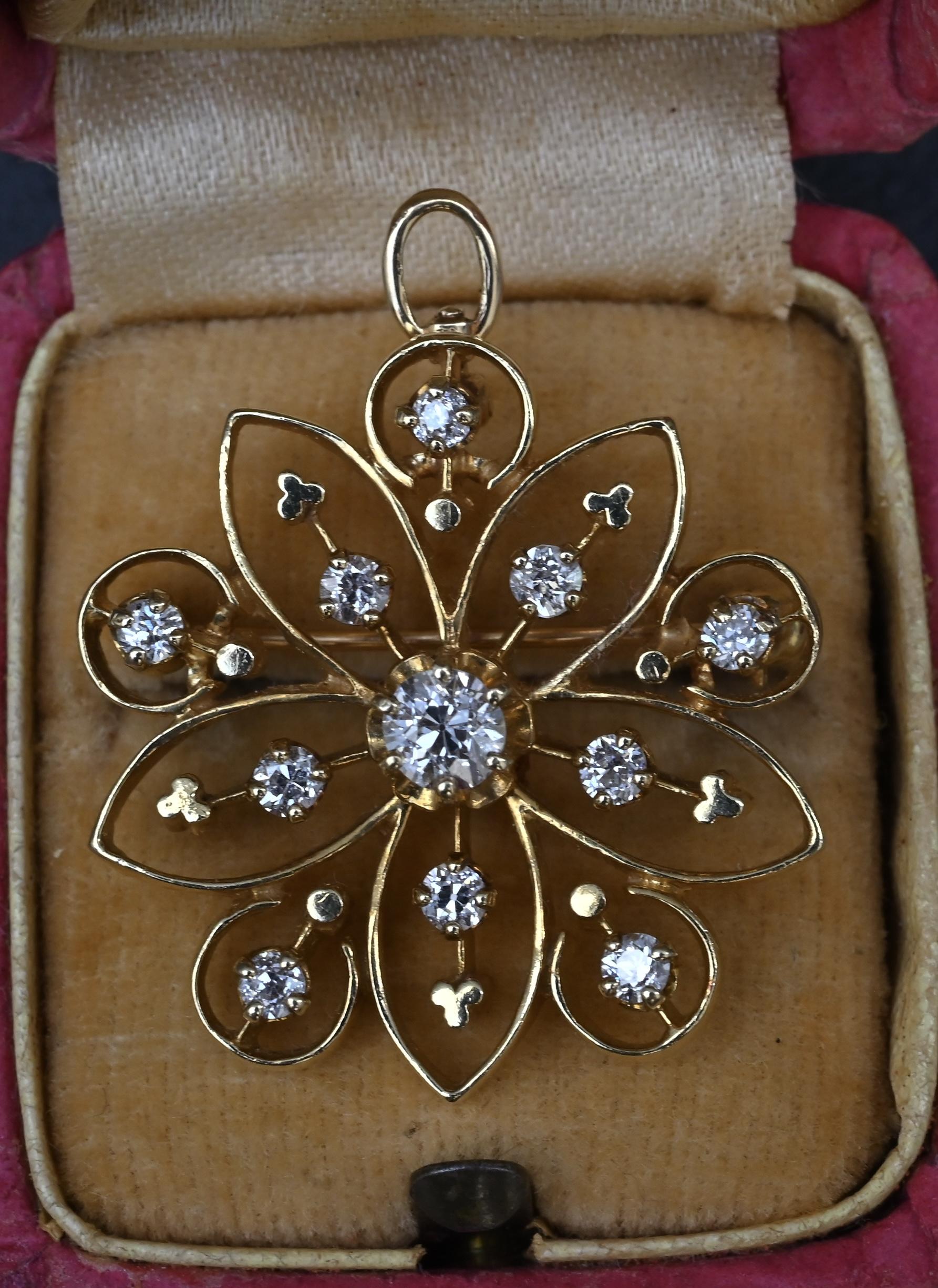 Art Deco 0.70 CTW Diamond Pendant / Brooch Pin in 14K Yellow Gold – IGI Cert.