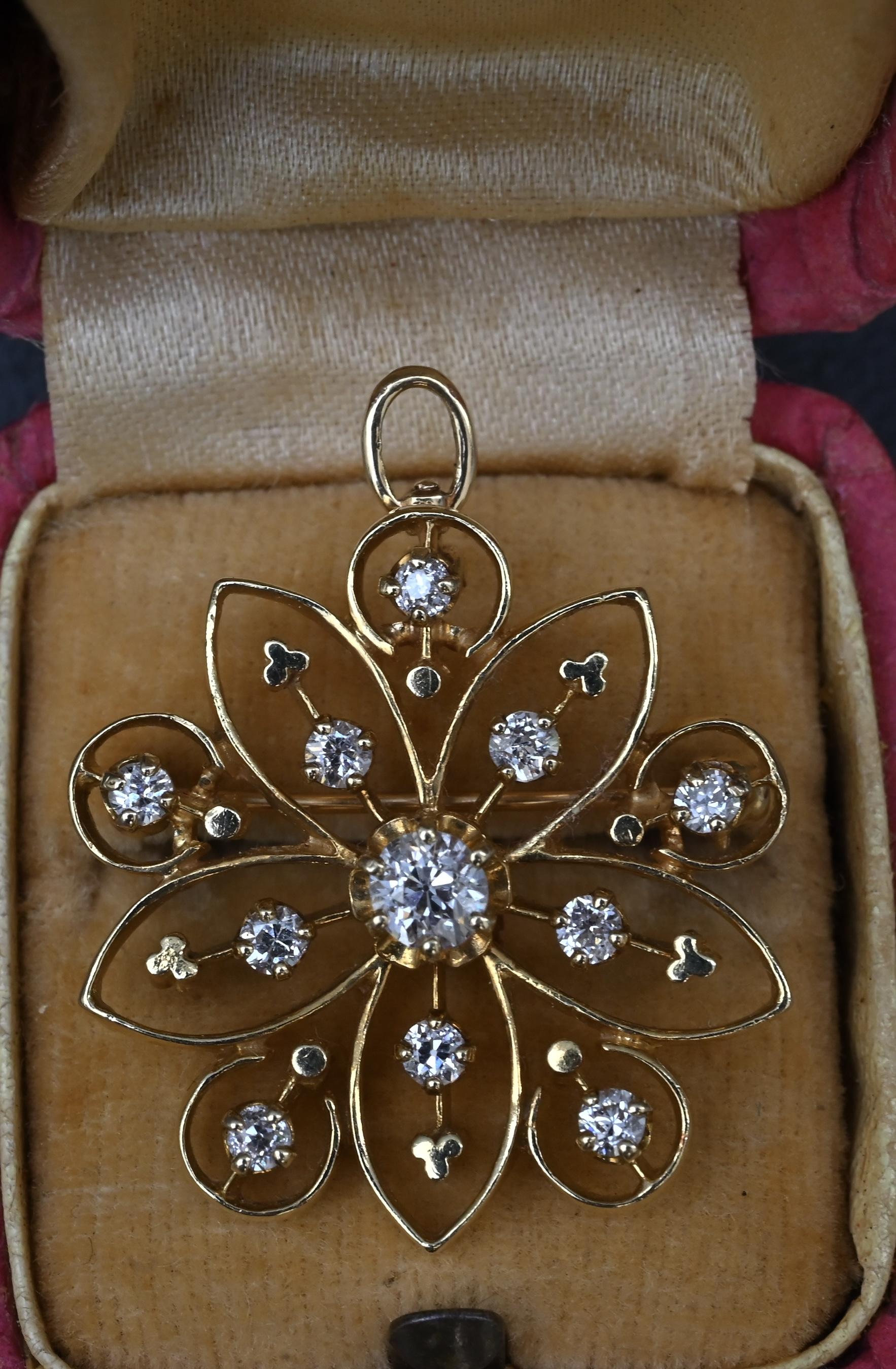 Art Deco 0.70 CTW Diamond Pendant / Brooch Pin in 14K Yellow Gold – IGI Cert.