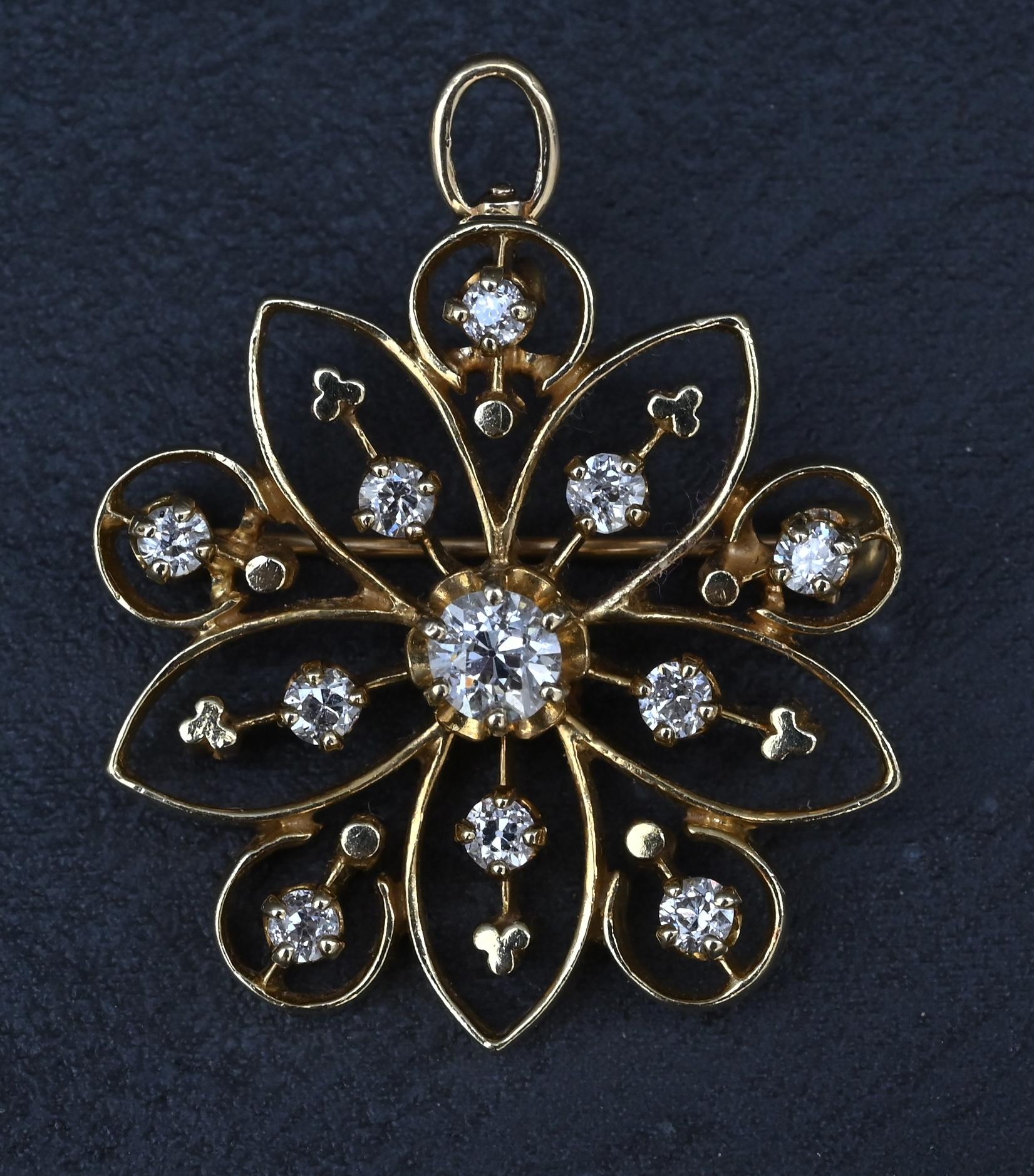 Art Deco 0.70 CTW Diamond Pendant / Brooch Pin in 14K Yellow Gold – IGI Cert.
