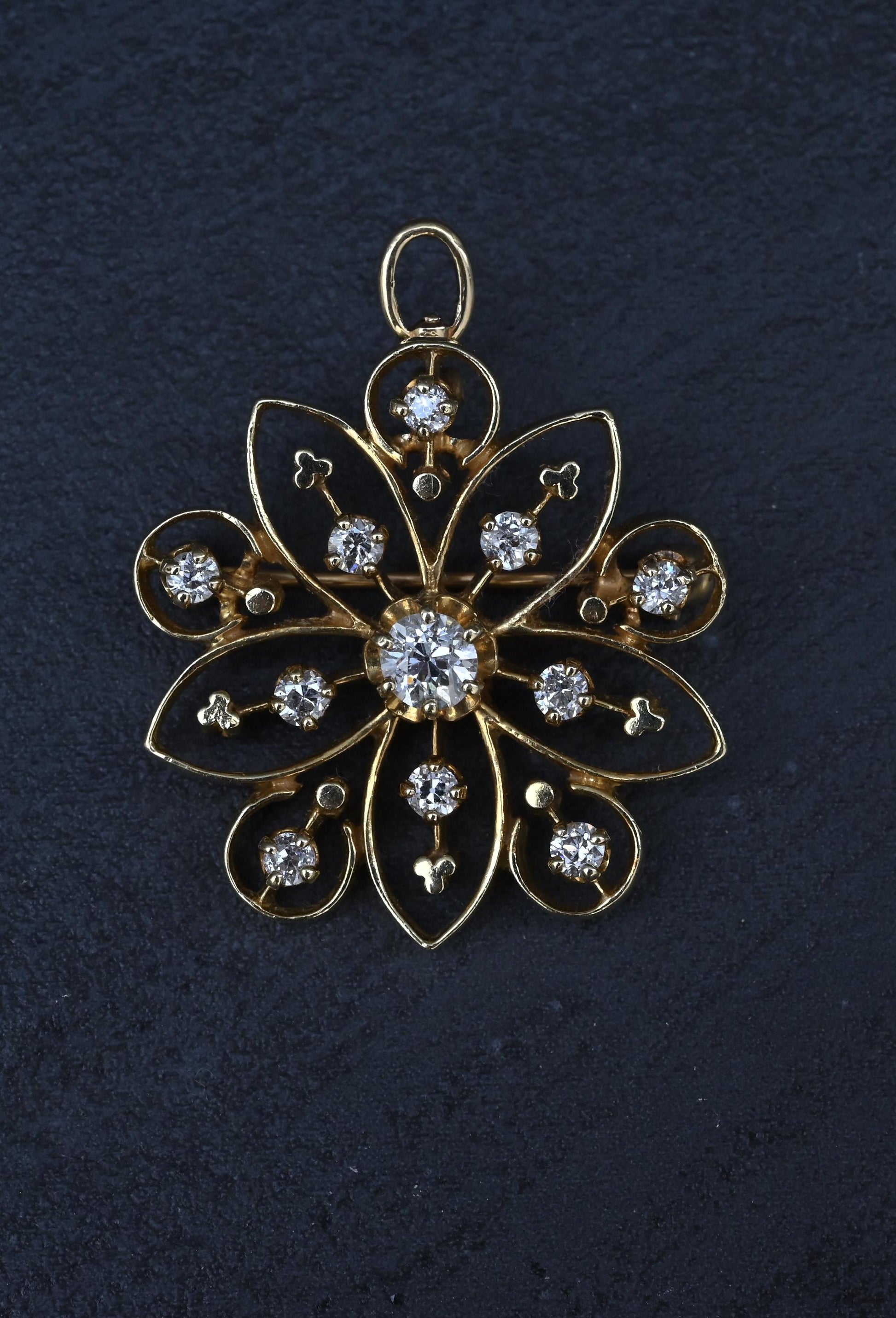 Art Deco 0.70 CTW Diamond Pendant / Brooch Pin in 14K Yellow Gold – IGI Cert.