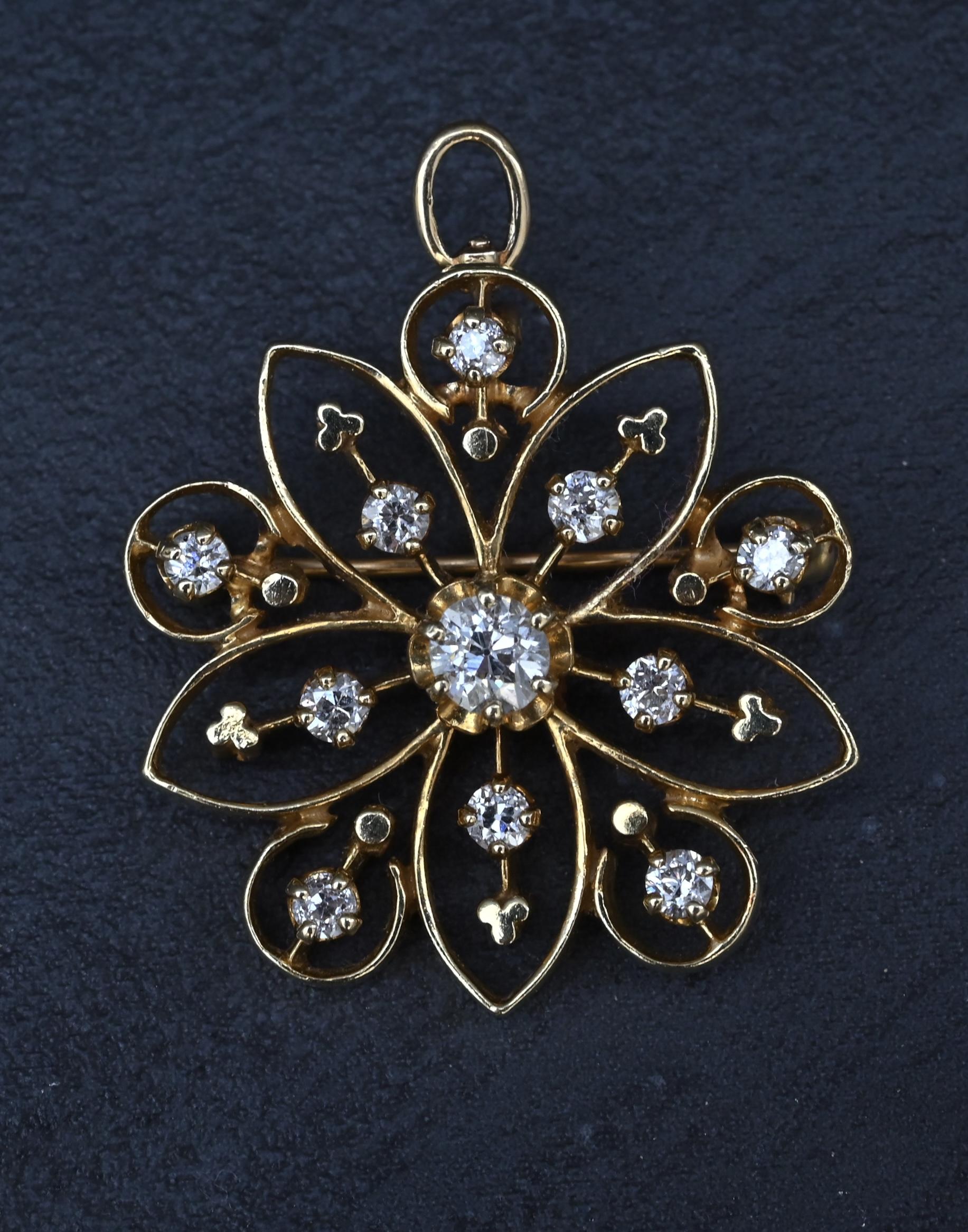 Art Deco 0.70 CTW Diamond Pendant / Brooch Pin in 14K Yellow Gold – IGI Cert.