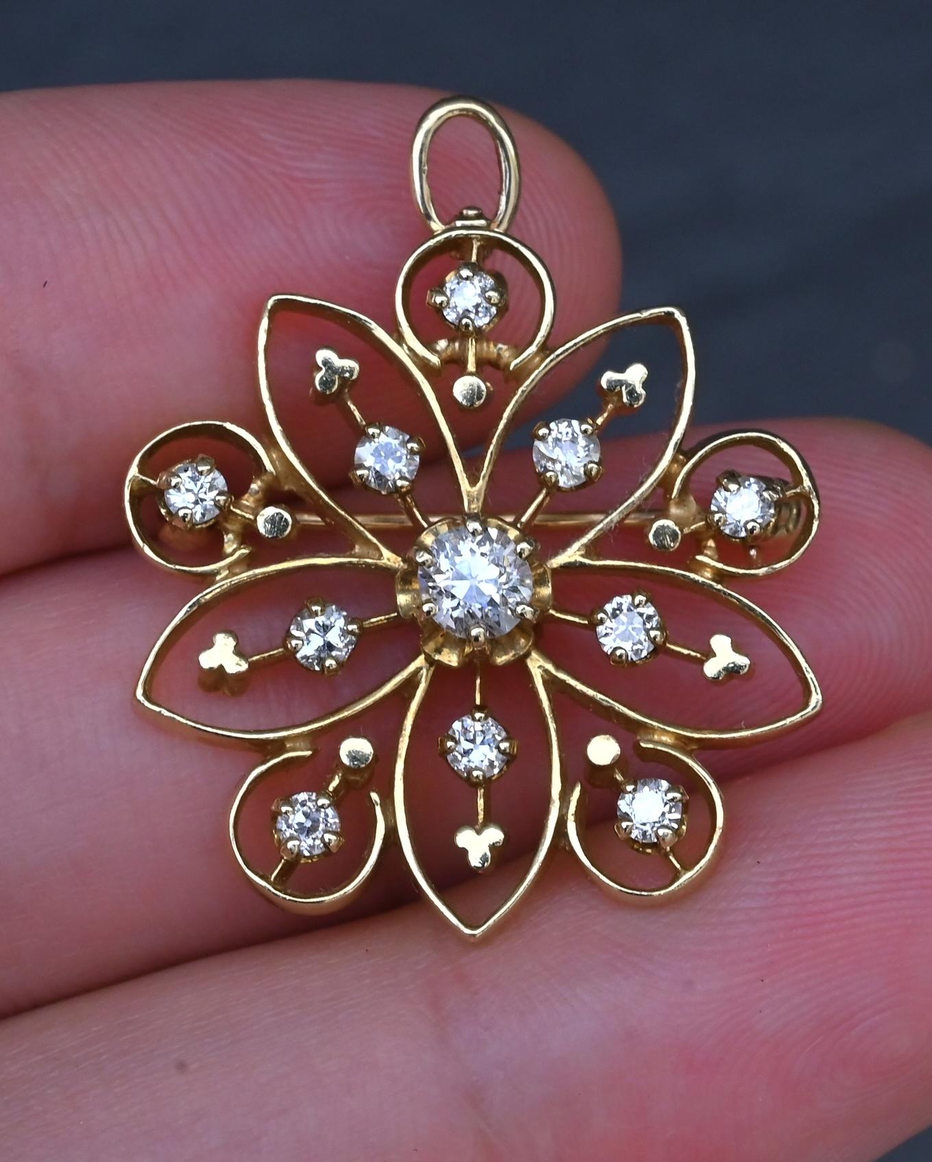 Art Deco 0.70 CTW Diamond Pendant / Brooch Pin in 14K Yellow Gold – IGI Cert.