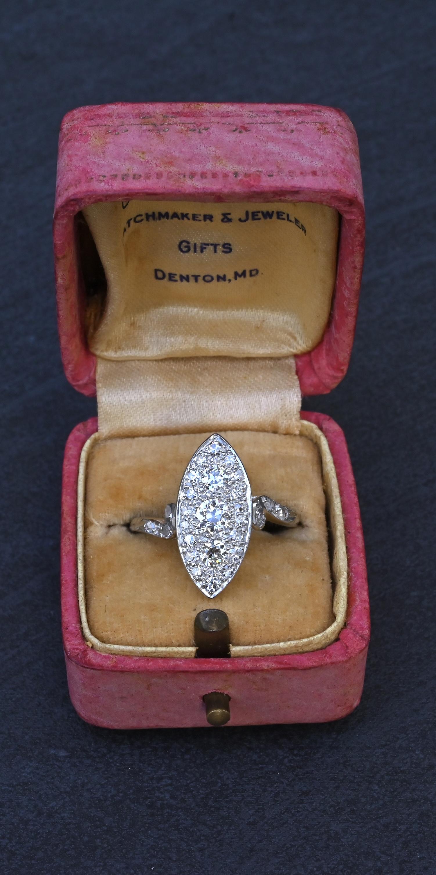 Antique Art Deco Platinum 27-Diamond Marquise Navette Dinner Ring 1.07 CWT Size