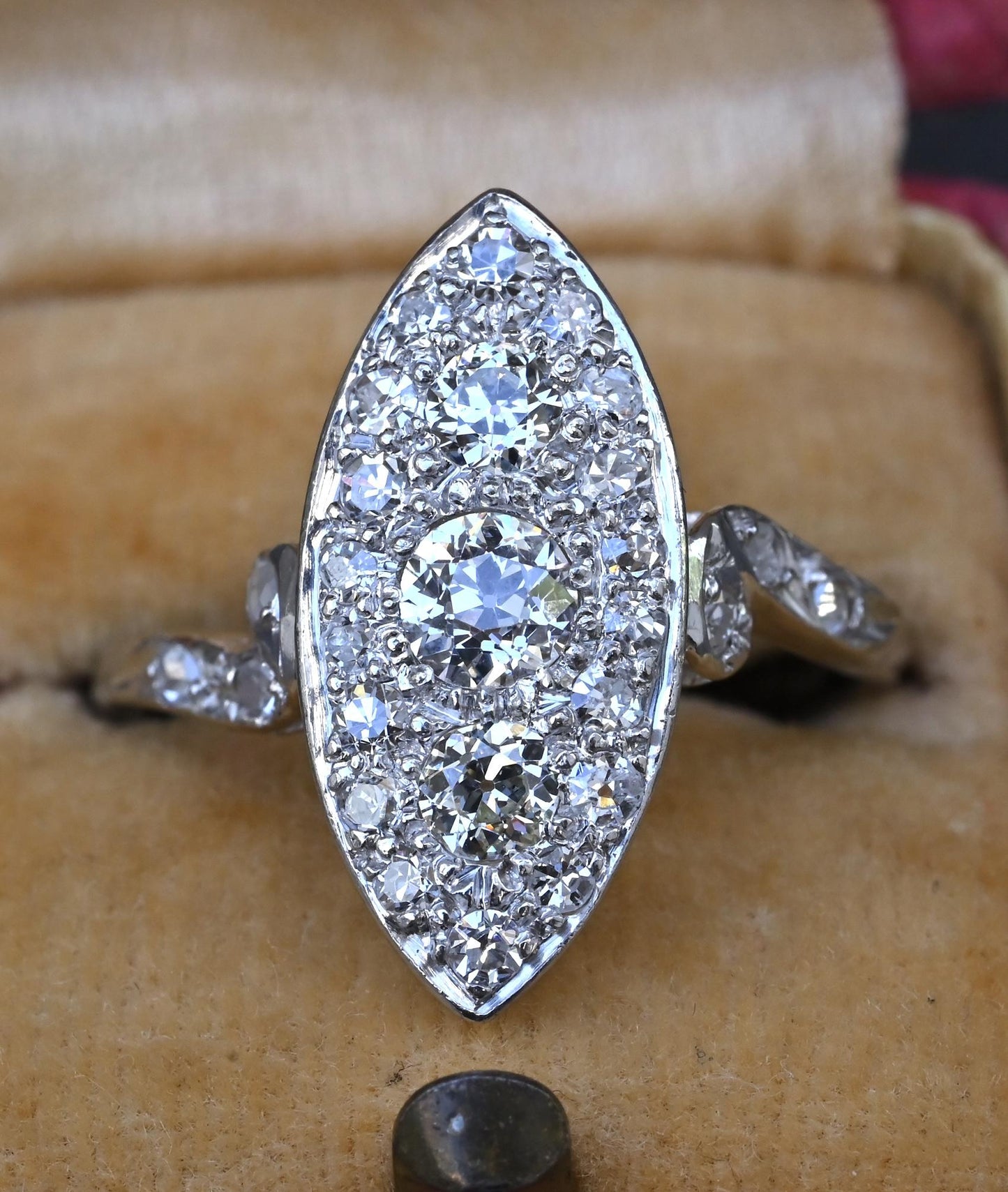 Antique Art Deco Platinum 27-Diamond Marquise Navette Dinner Ring 1.07 CWT Size
