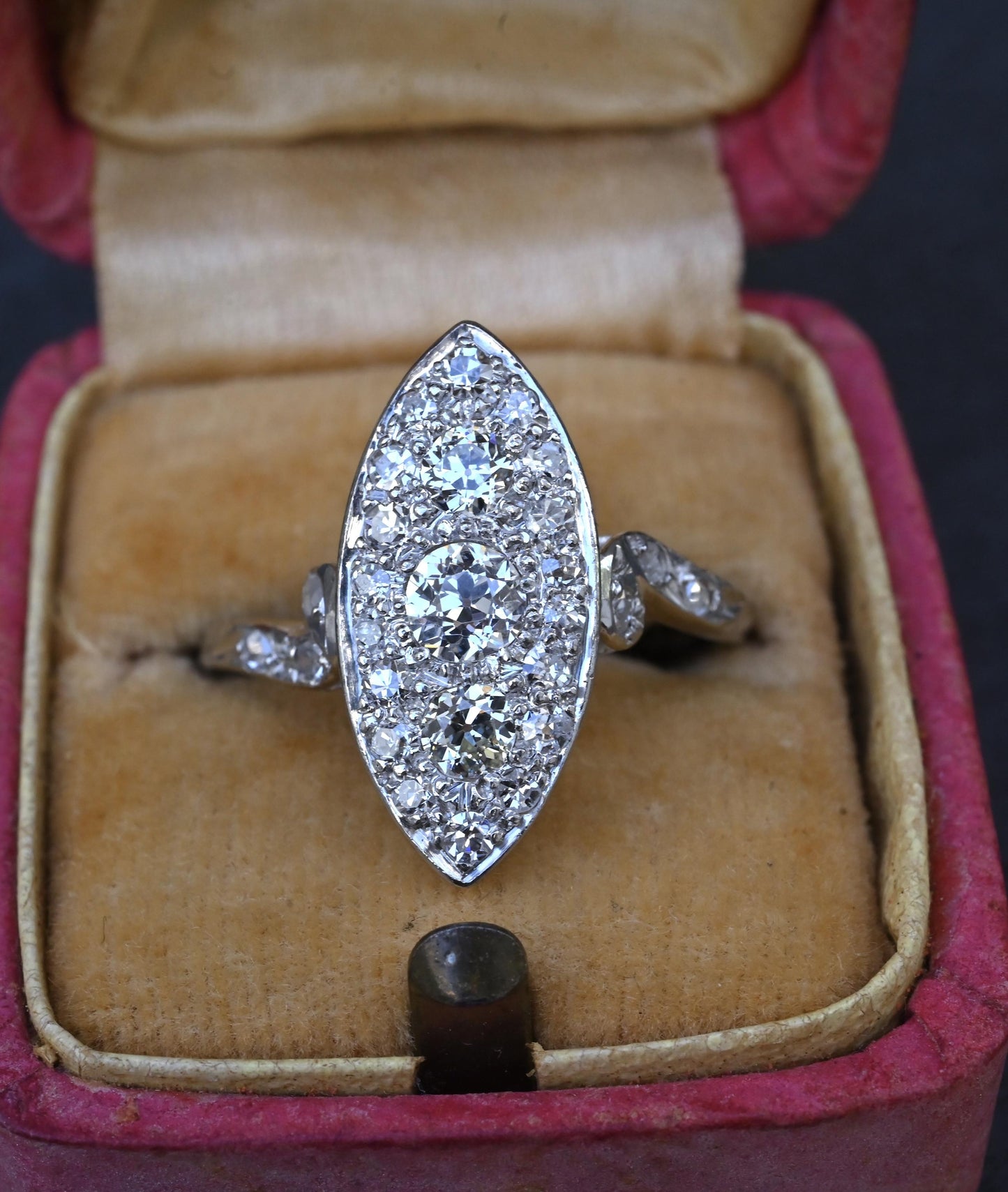 Antique Art Deco Platinum 27-Diamond Marquise Navette Dinner Ring 1.07 CWT Size