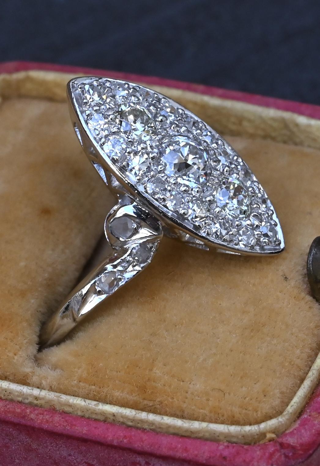 Antique Art Deco Platinum 27-Diamond Marquise Navette Dinner Ring 1.07 CWT Size