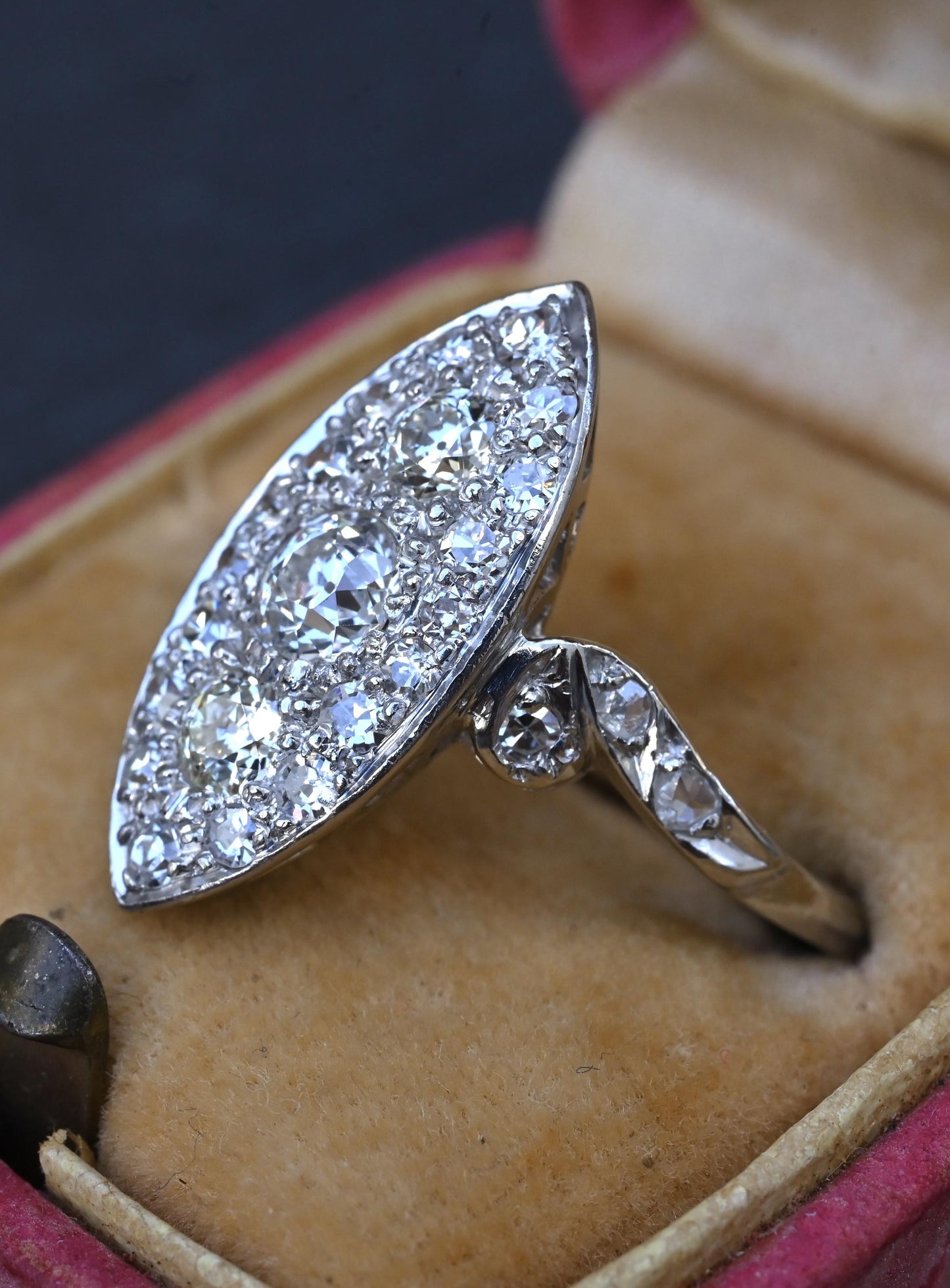 Antique Art Deco Platinum 27-Diamond Marquise Navette Dinner Ring 1.07 CWT Size
