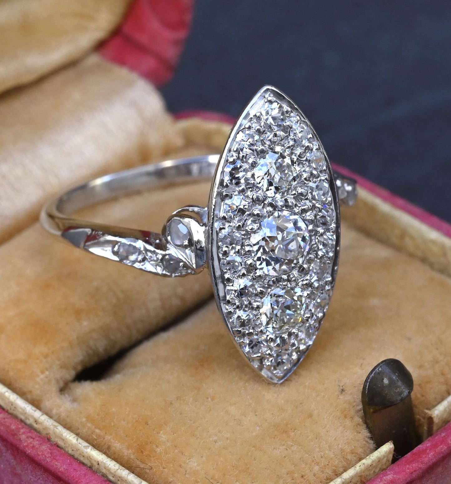 Antique Art Deco Platinum 27-Diamond Marquise Navette Dinner Ring 1.07 CWT Size