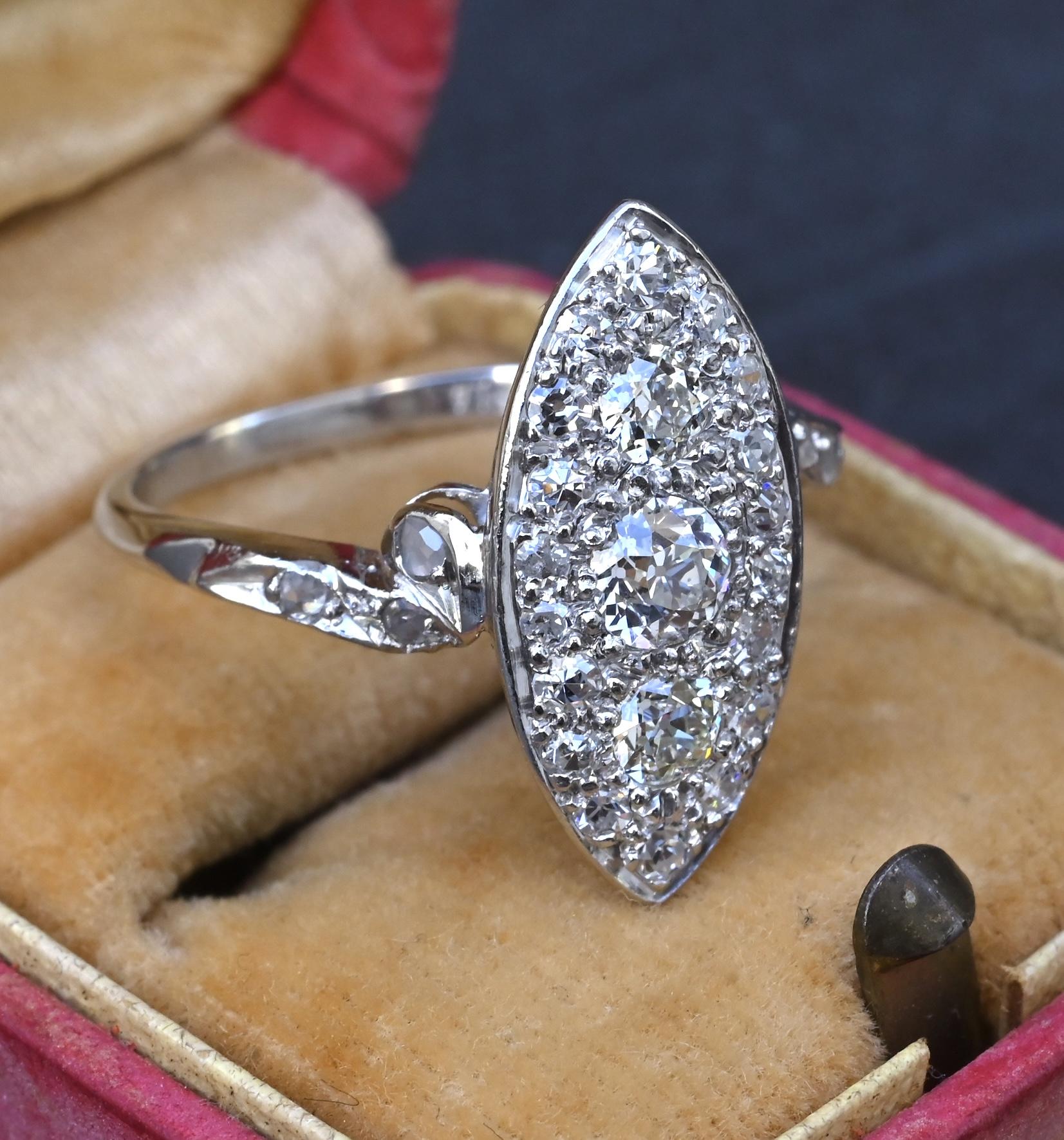Antique Art Deco Platinum 27-Diamond Marquise Navette Dinner Ring 1.07 CWT Size