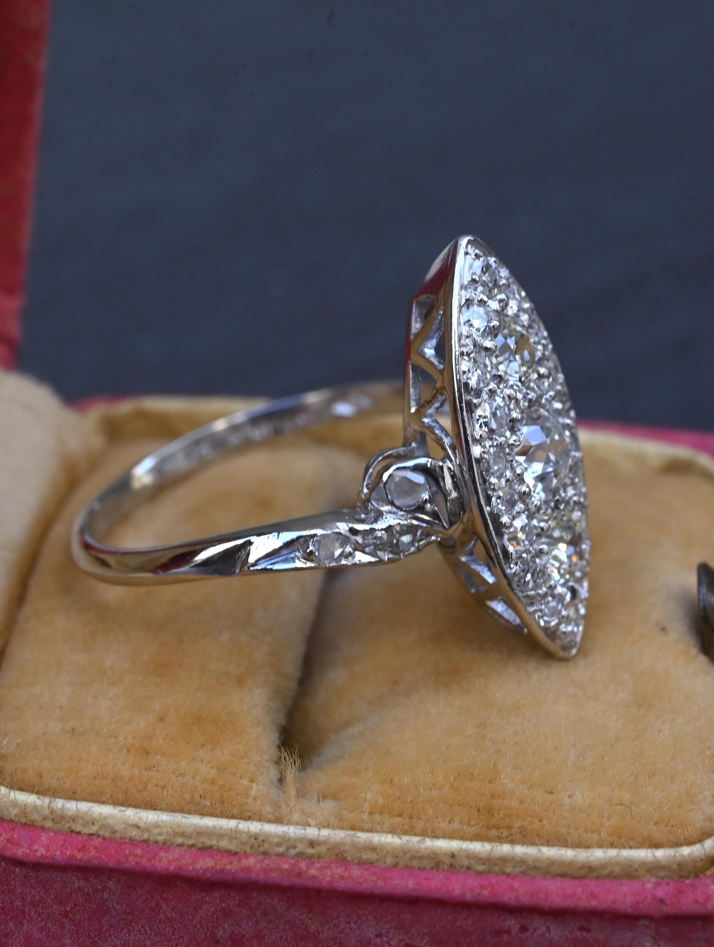 Antique Art Deco Platinum 27-Diamond Marquise Navette Dinner Ring 1.07 CWT Size