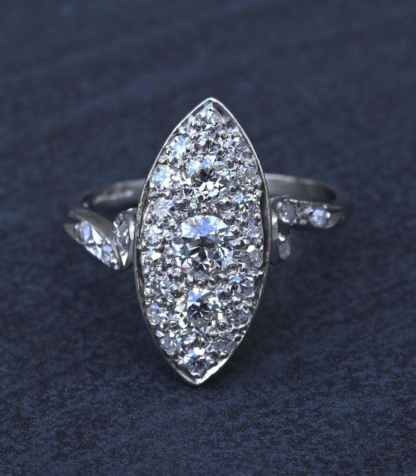Antique Art Deco Platinum 27-Diamond Marquise Navette Dinner Ring 1.07 CWT Size