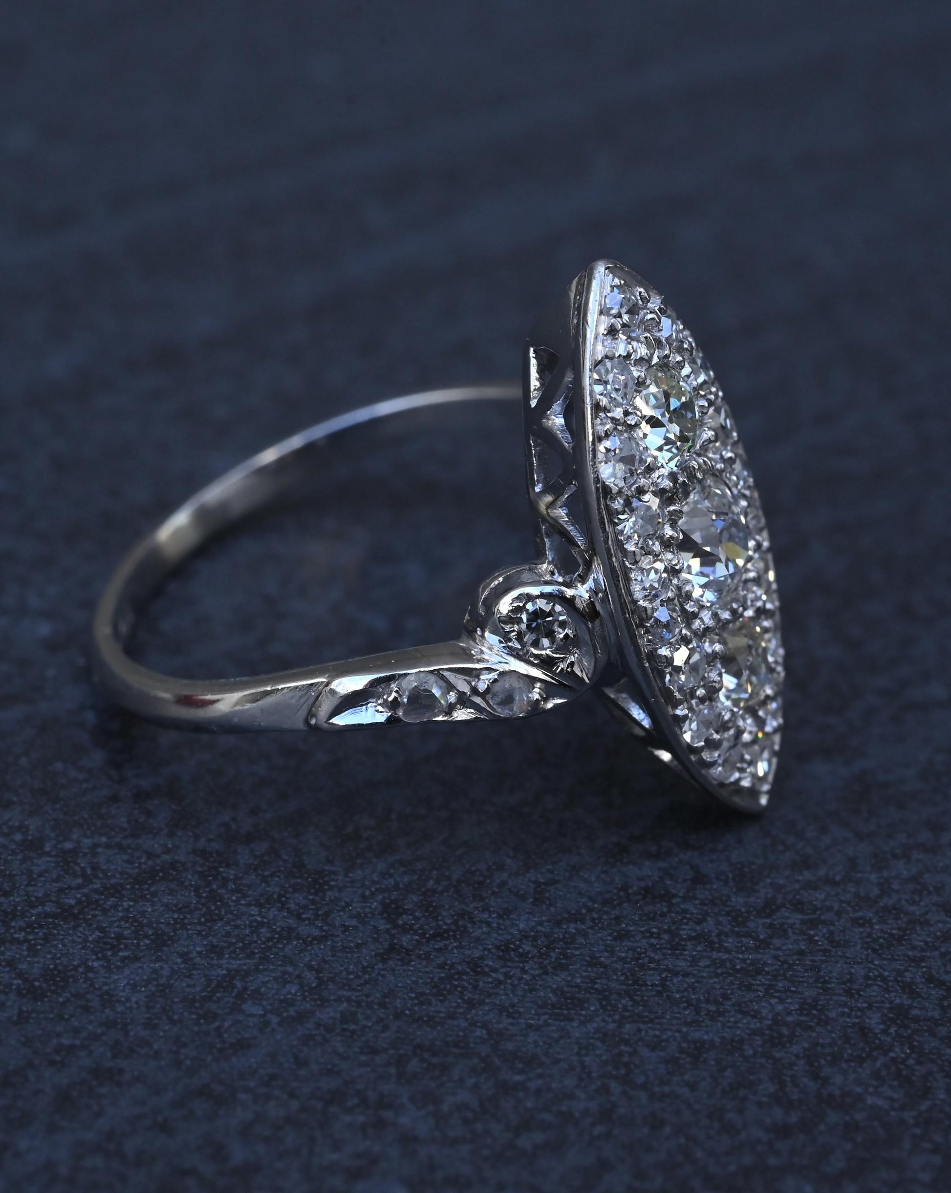 Antique Art Deco Platinum 27-Diamond Marquise Navette Dinner Ring 1.07 CWT Size