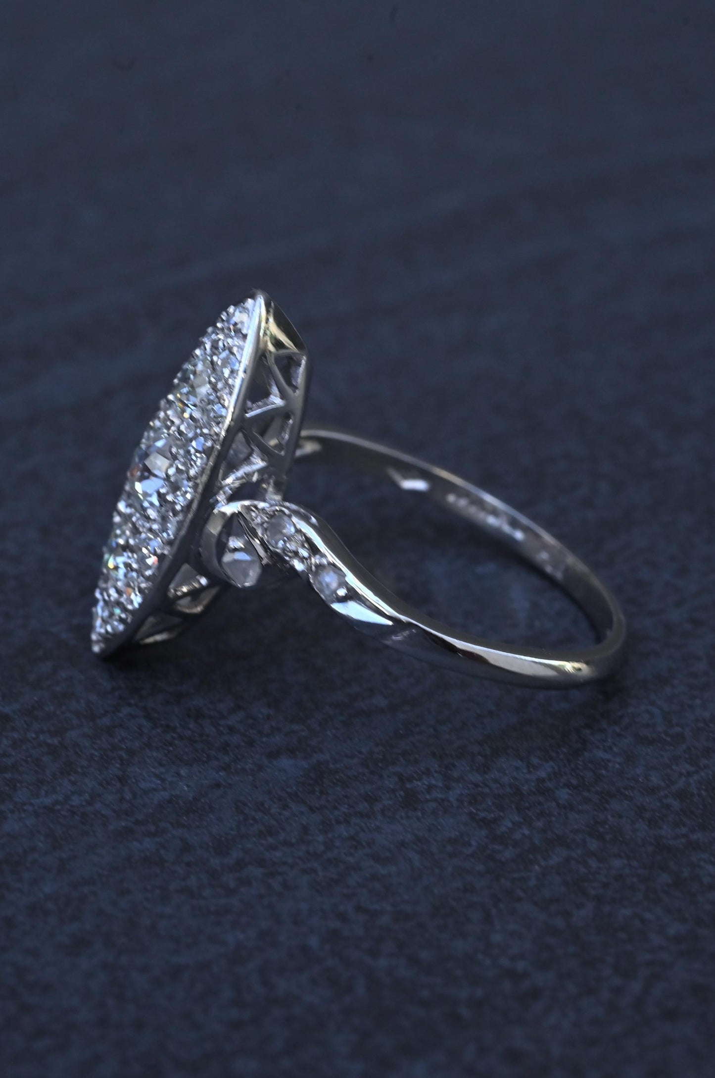 Antique Art Deco Platinum 27-Diamond Marquise Navette Dinner Ring 1.07 CWT Size