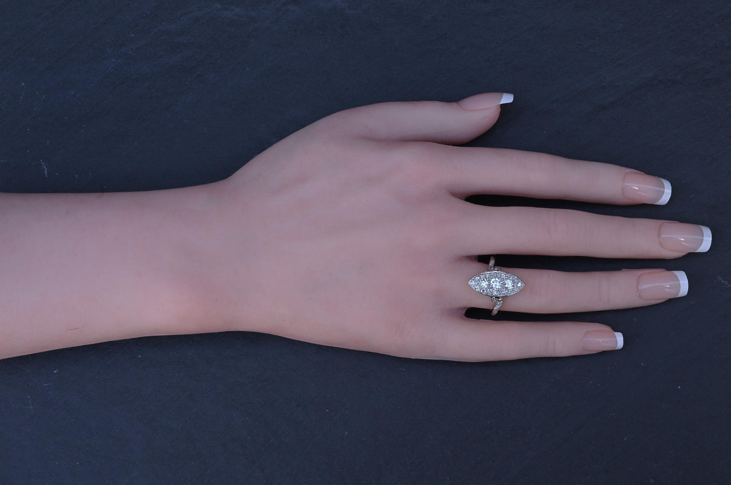 Antique Art Deco Platinum 27-Diamond Marquise Navette Dinner Ring 1.07 CWT Size